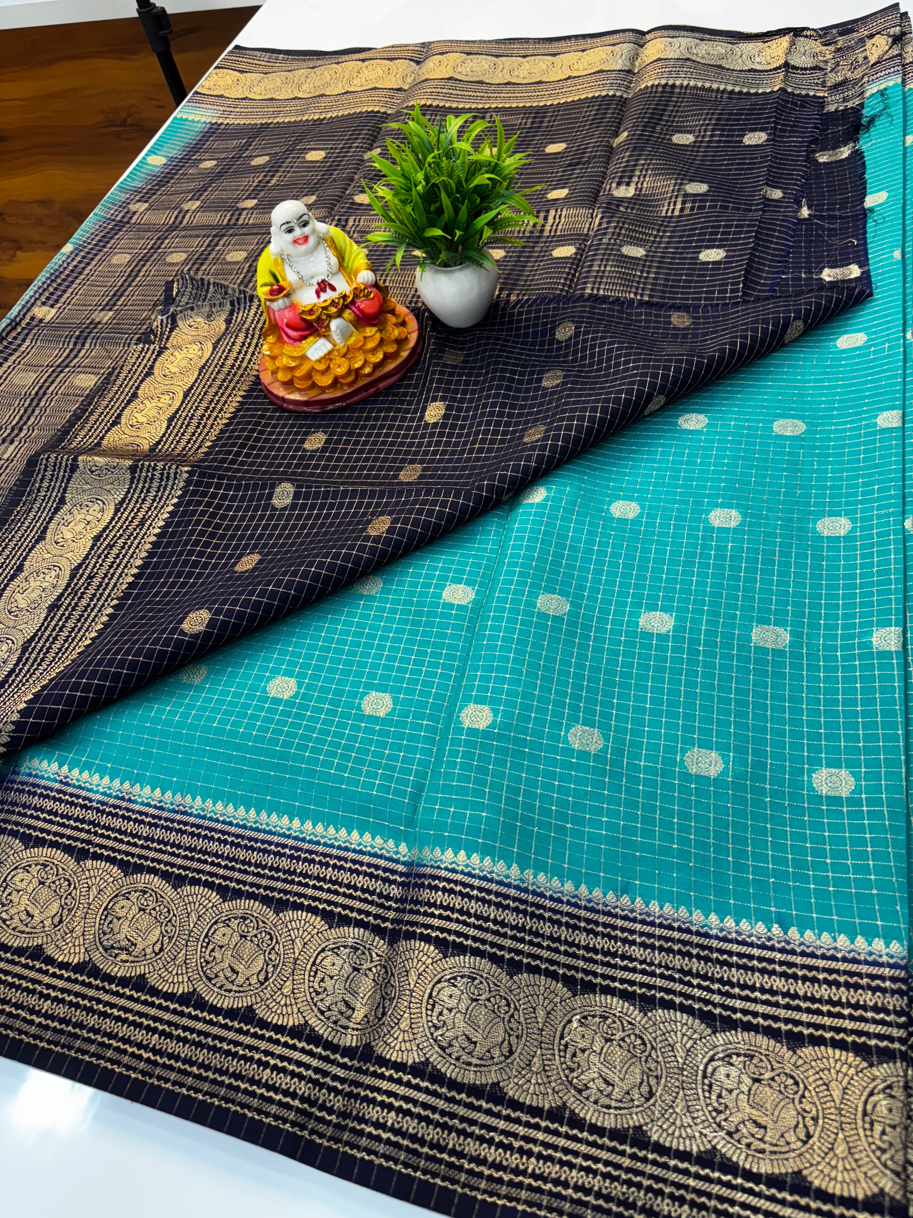 Mysore Crepe Silk Saree with Chex Pattern & Elephant Border