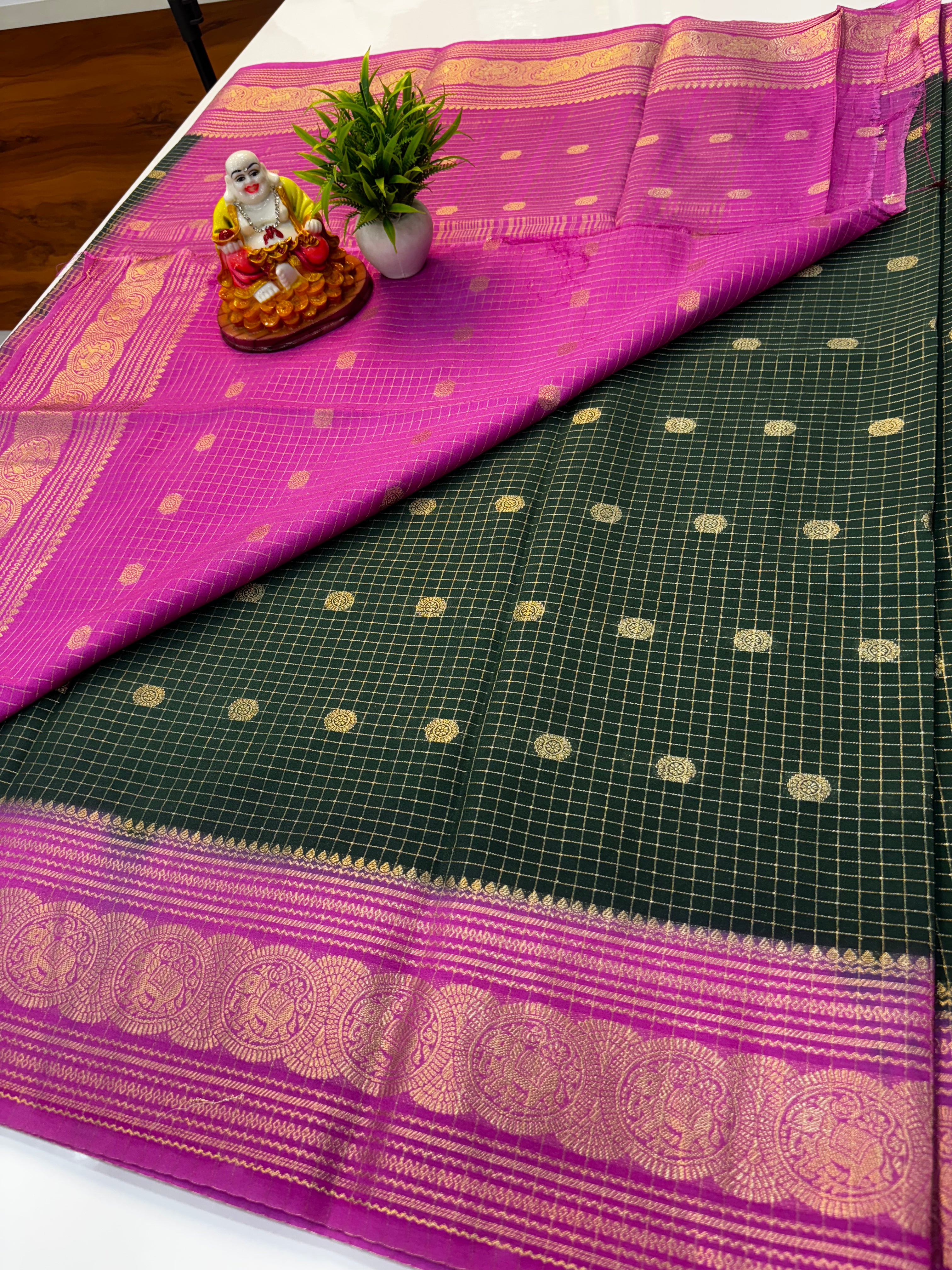 Mysore Crepe Silk Saree with Chex Pattern & Elephant Border