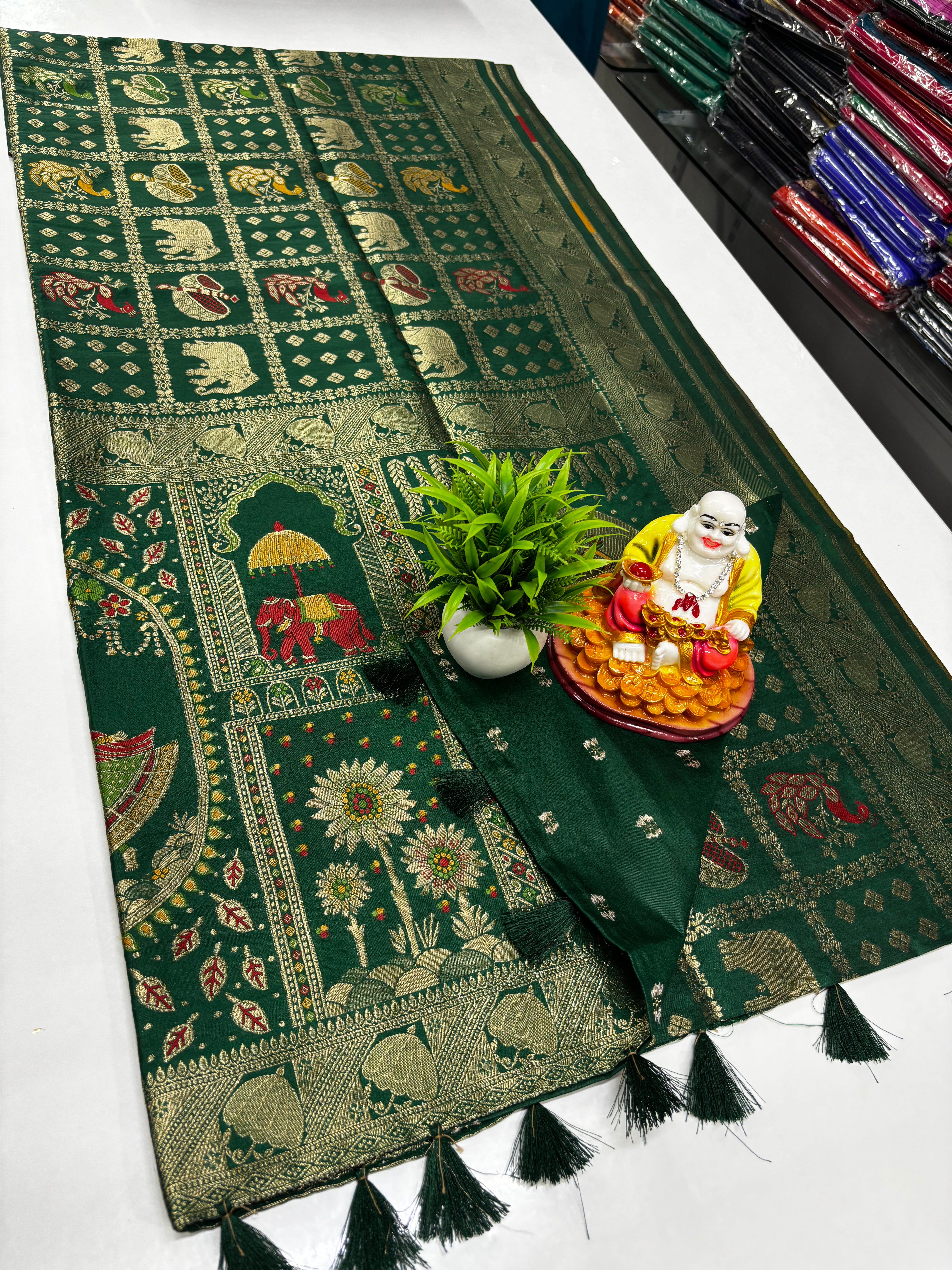 Beautiful Tanjore Print Weaved Saree with Rich Pallu & Butta Blouse,,tussar silk saree