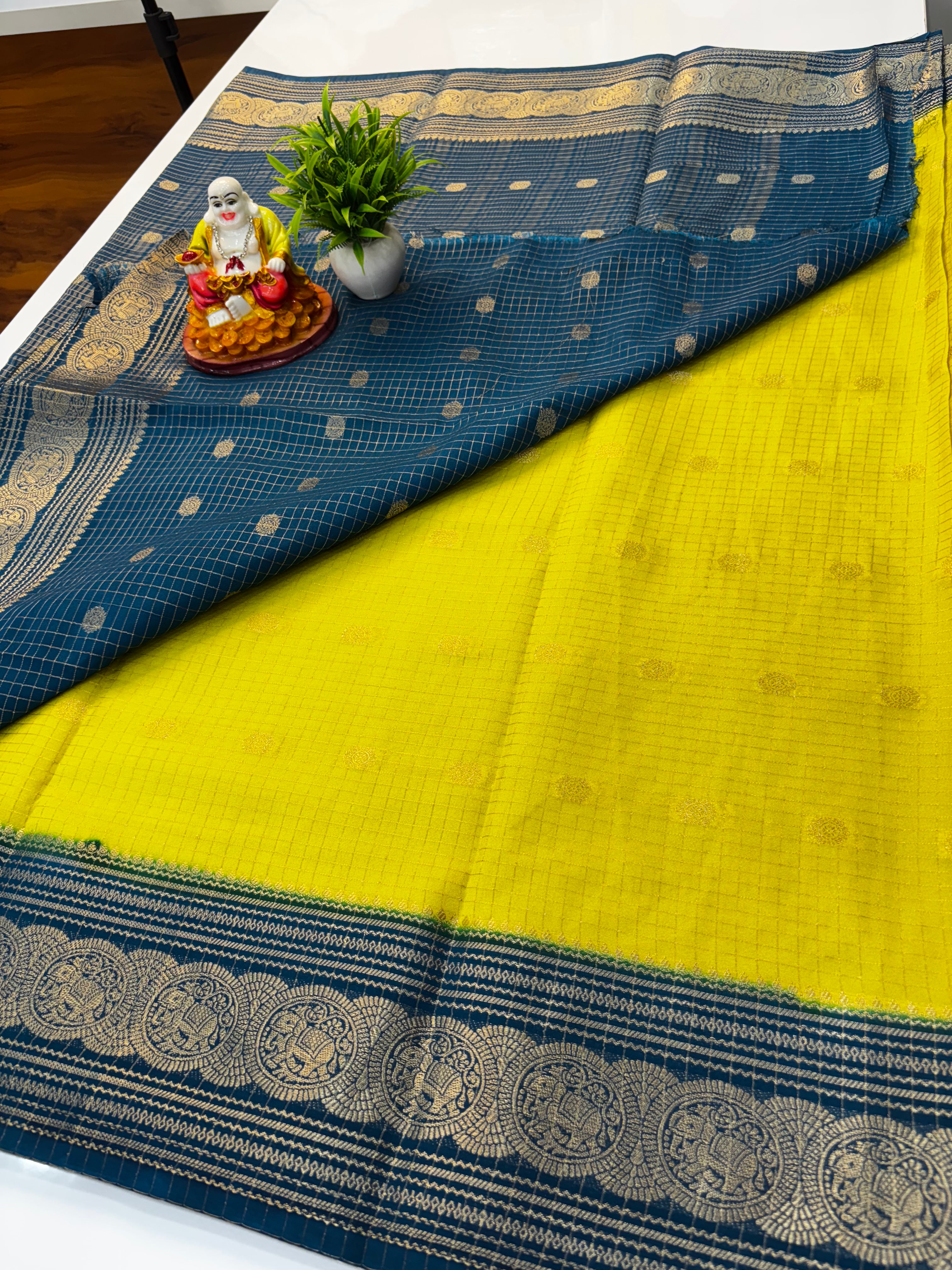 Mysore Crepe Silk Saree with Chex Pattern & Elephant Border
