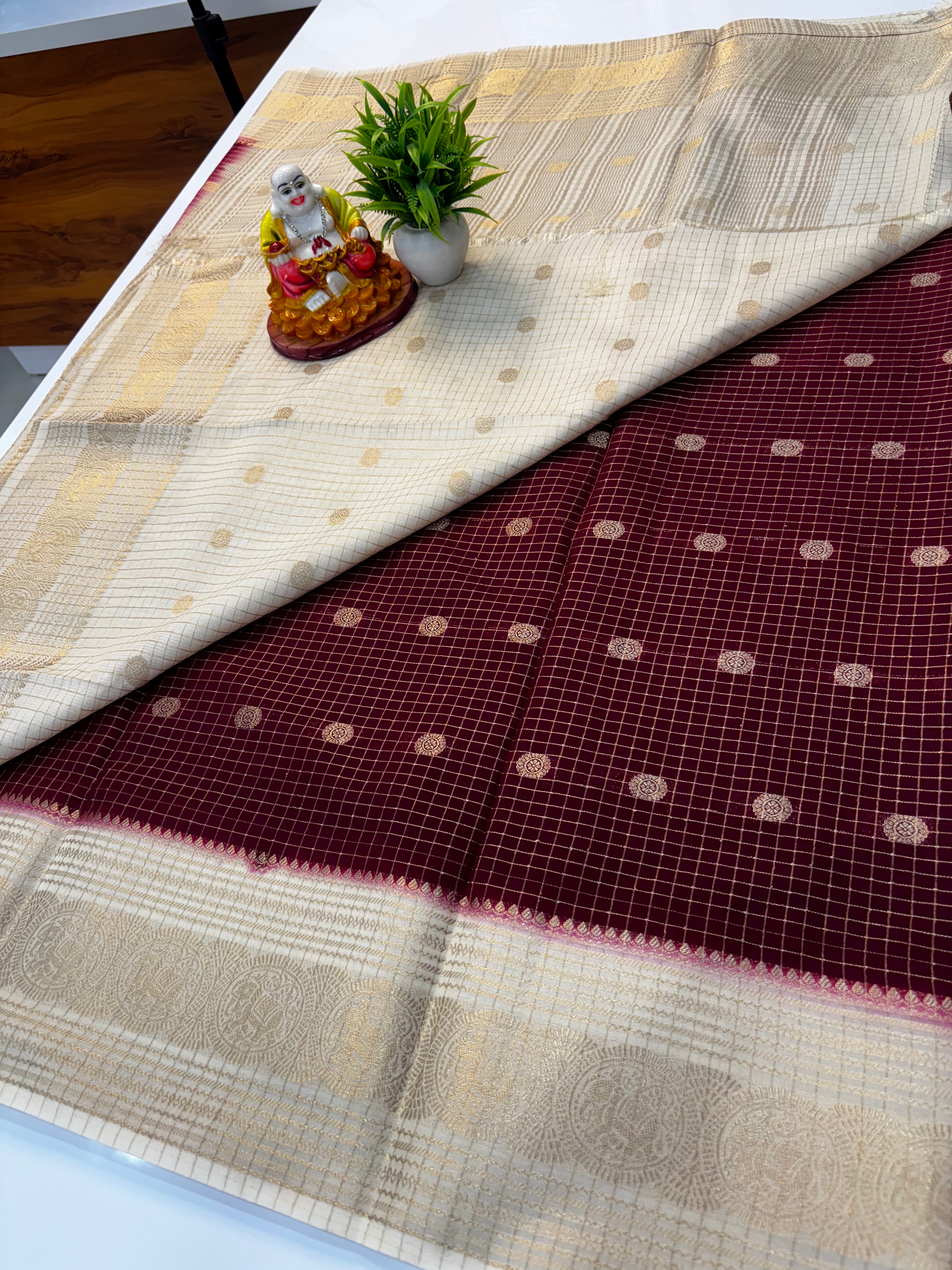 Mysore Crepe Silk Saree with Chex Pattern & Elephant Border