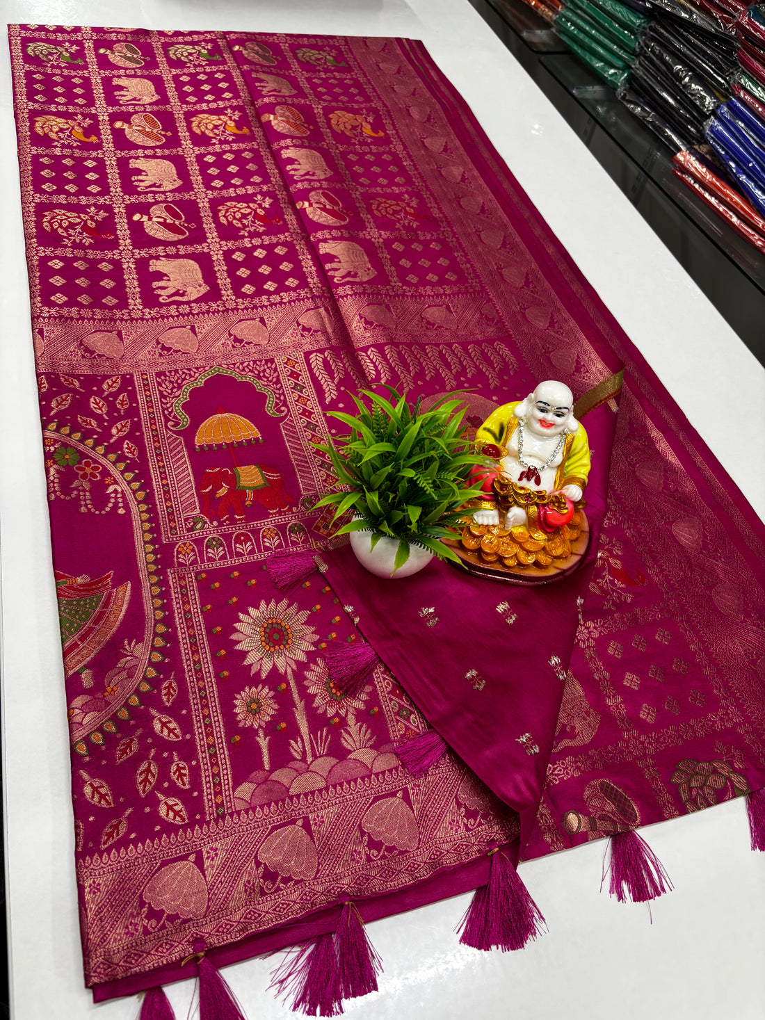 Beautiful Tanjore Print Weaved Saree with Rich Pallu & Butta Blouse,,tussar silk saree
