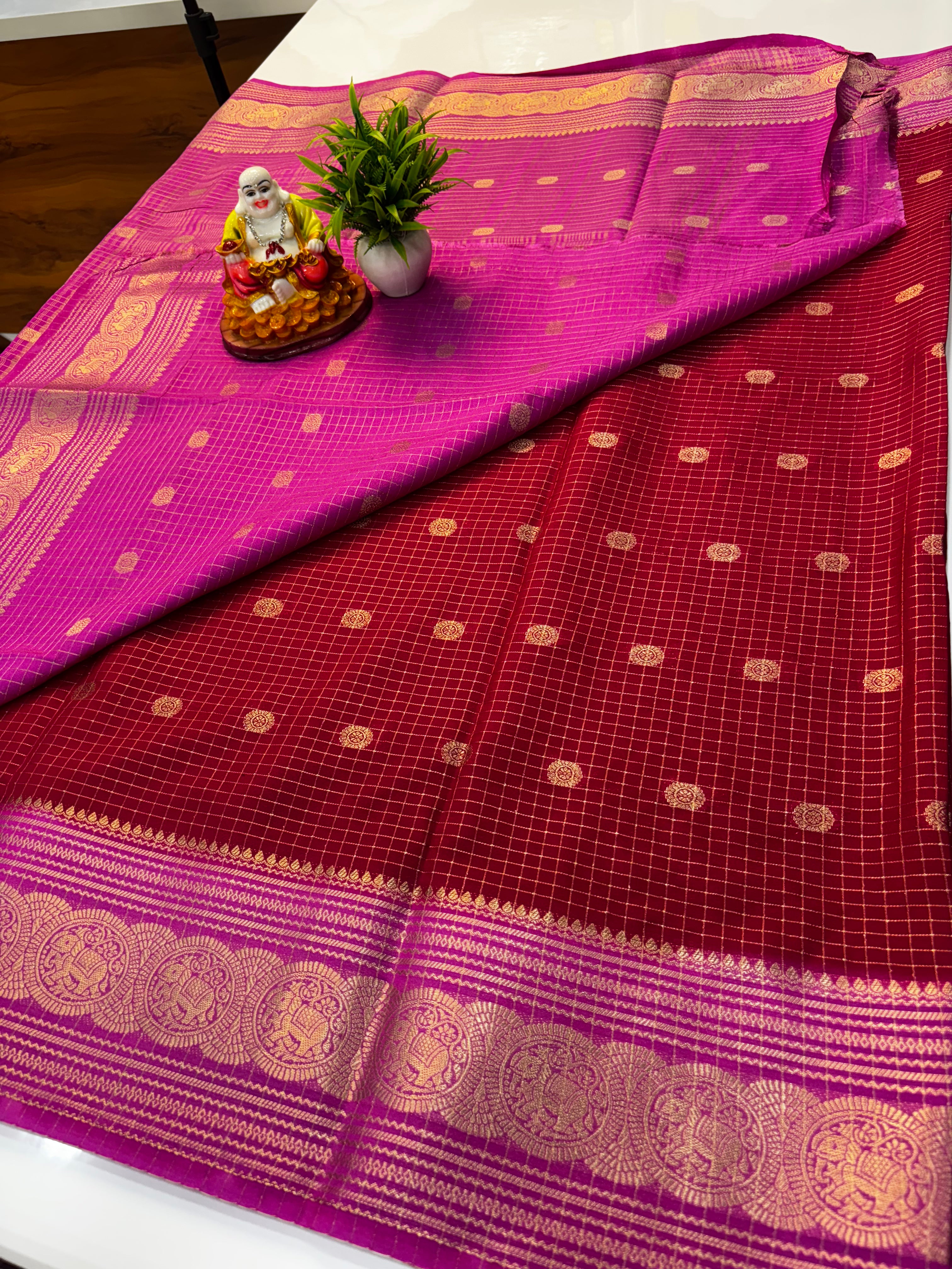 Mysore Crepe Silk Saree with Chex Pattern & Elephant Border
