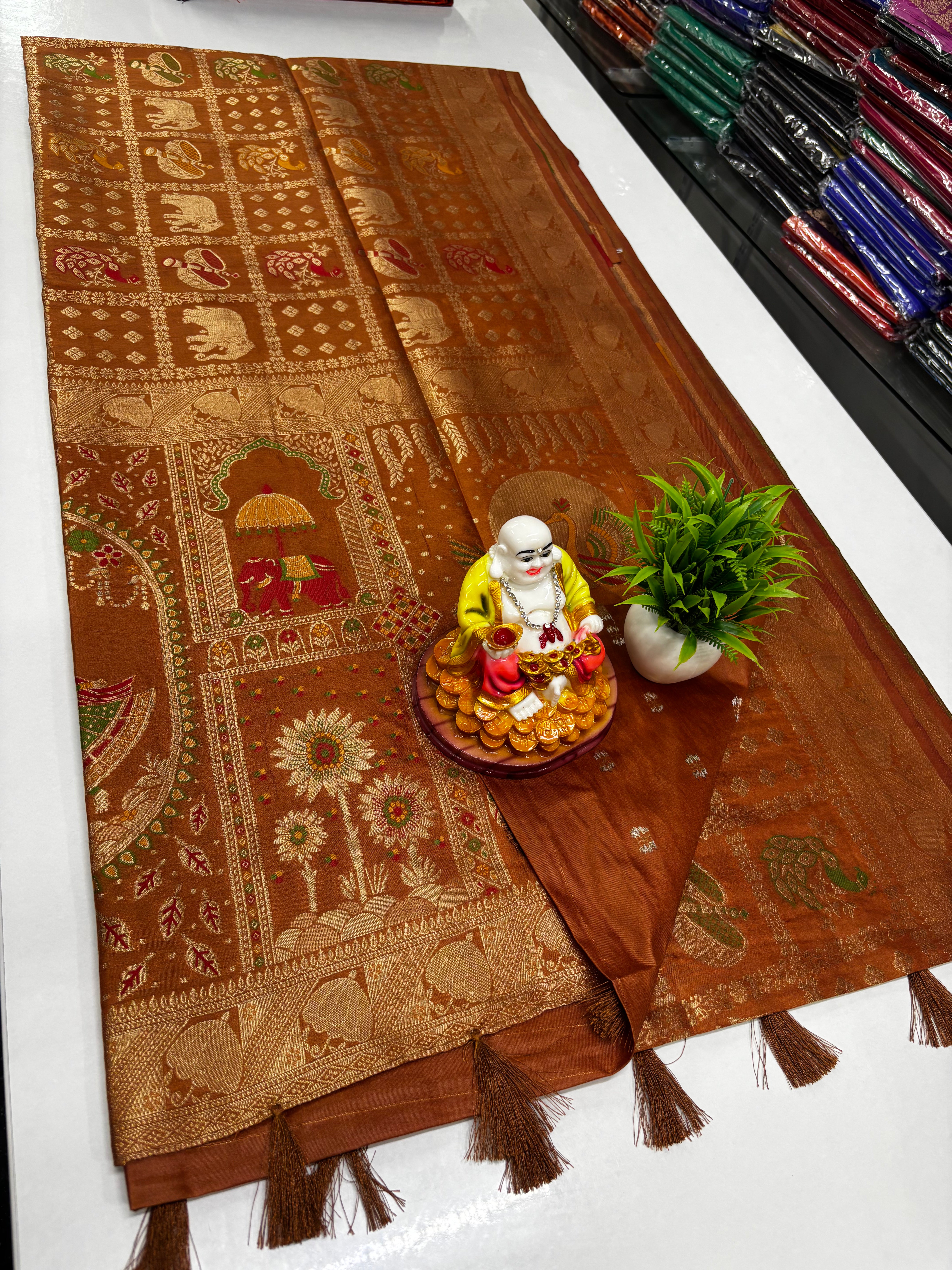 Beautiful Tanjore Print Weaved Saree with Rich Pallu & Butta Blouse,,tussar silk saree
