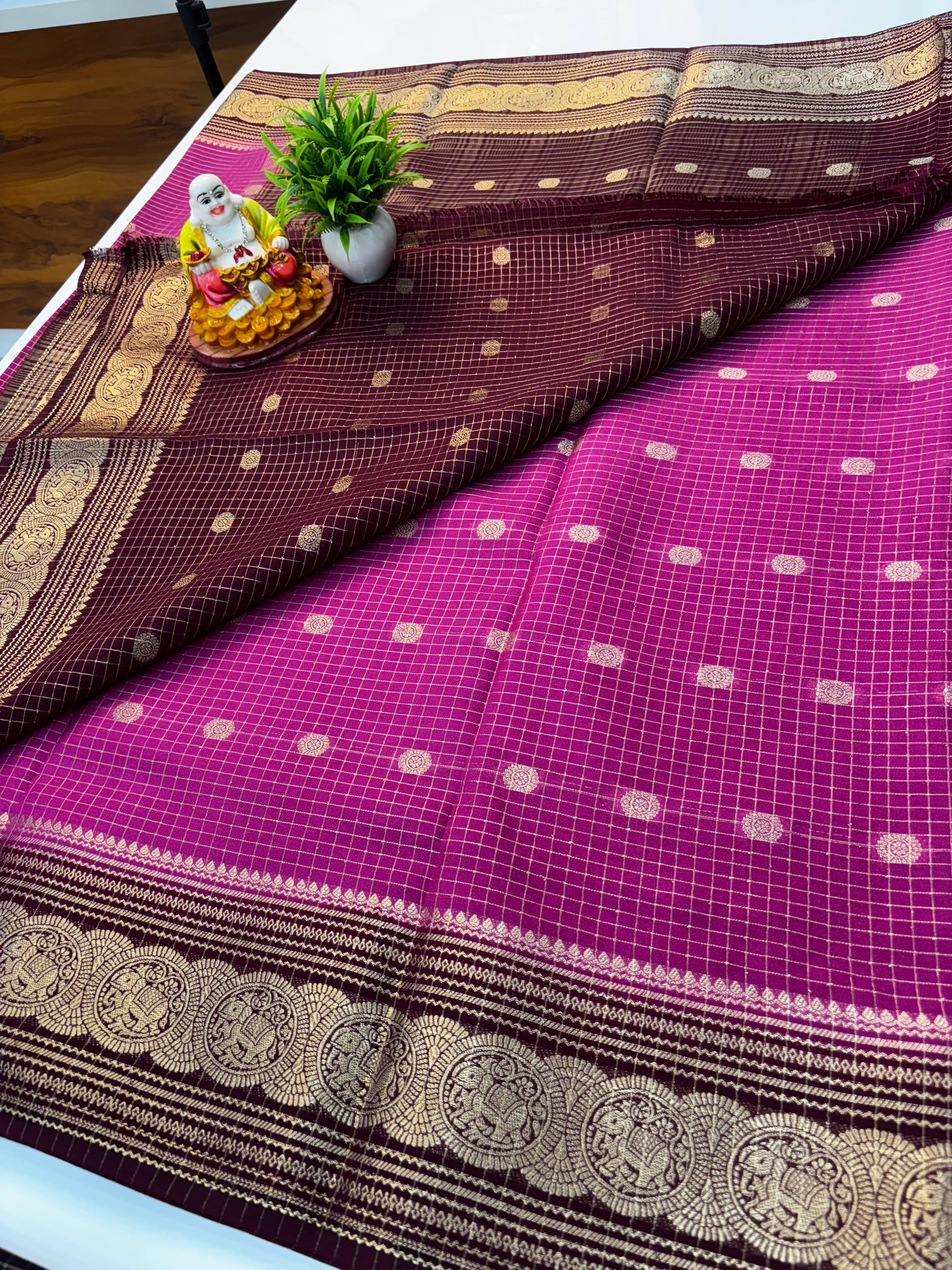 Mysore Crepe Silk Saree with Chex Pattern & Elephant Border
