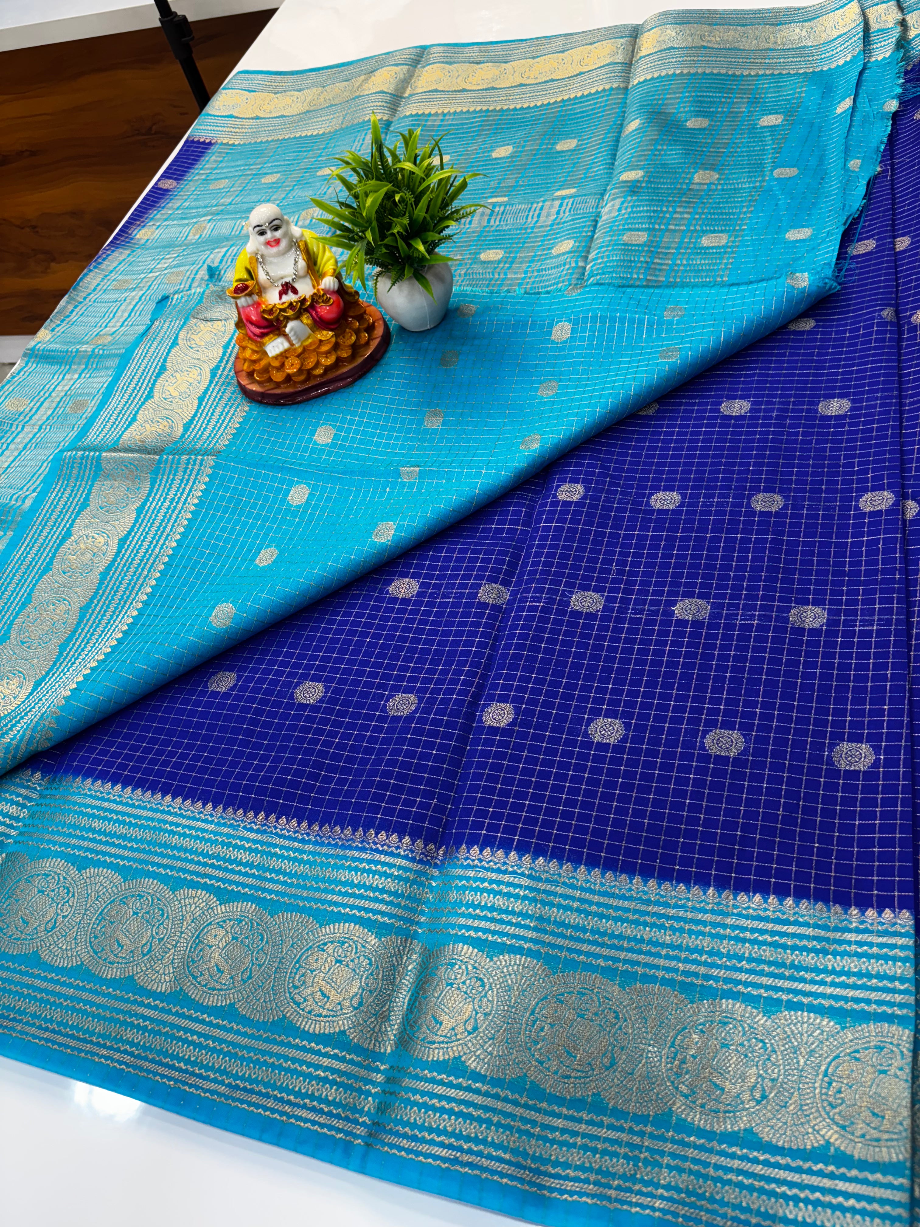 Mysore Crepe Silk Saree with Chex Pattern & Elephant Border