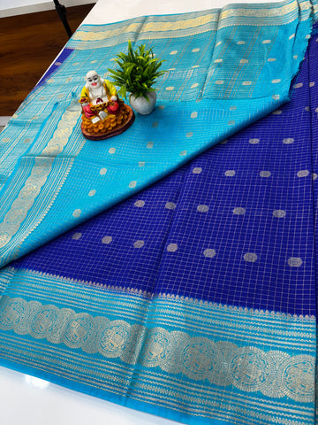 Mysore Crepe Silk Saree with Chex Pattern & Elephant Border