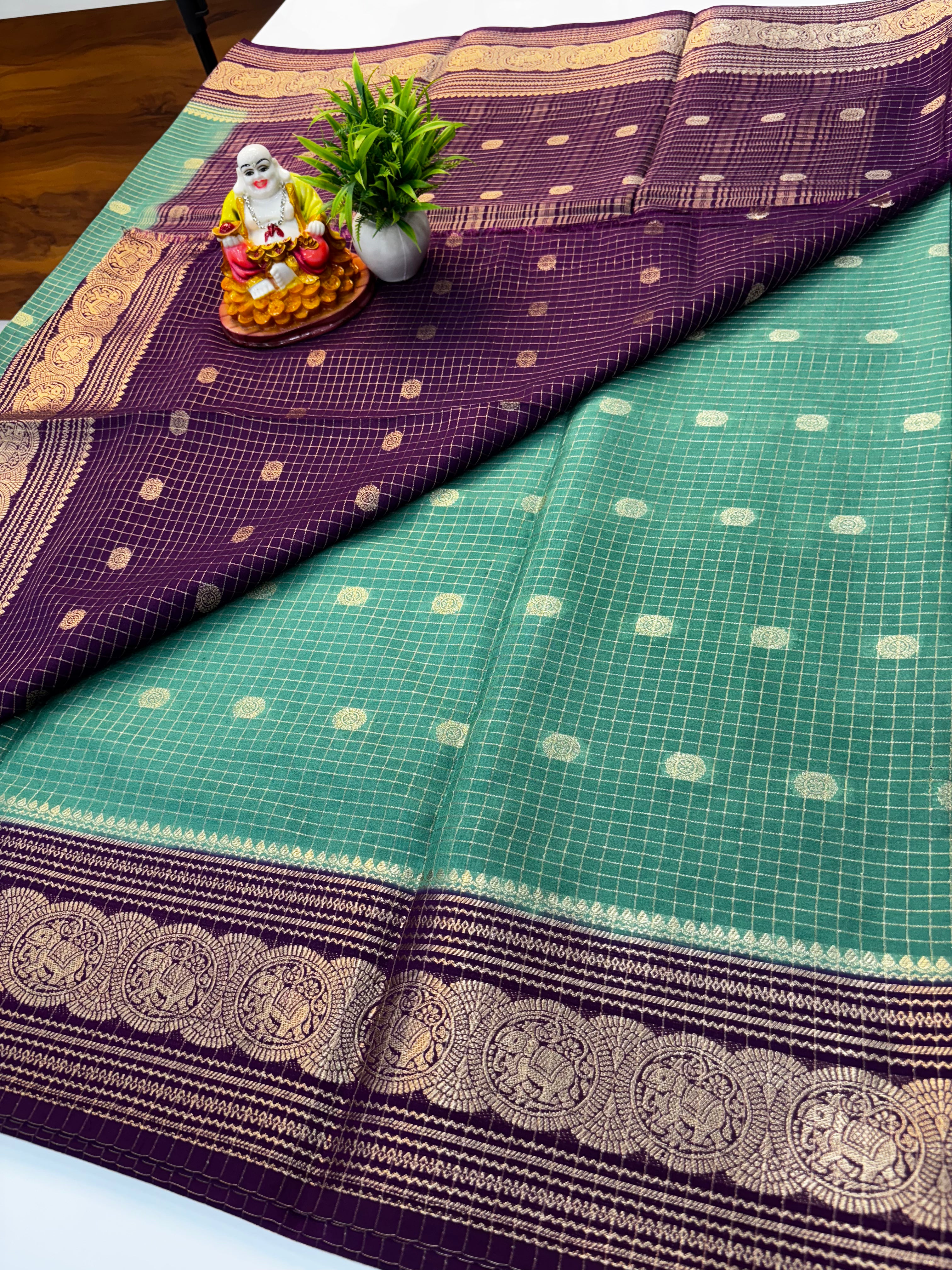 Mysore Crepe Silk Saree with Chex Pattern & Elephant Border
