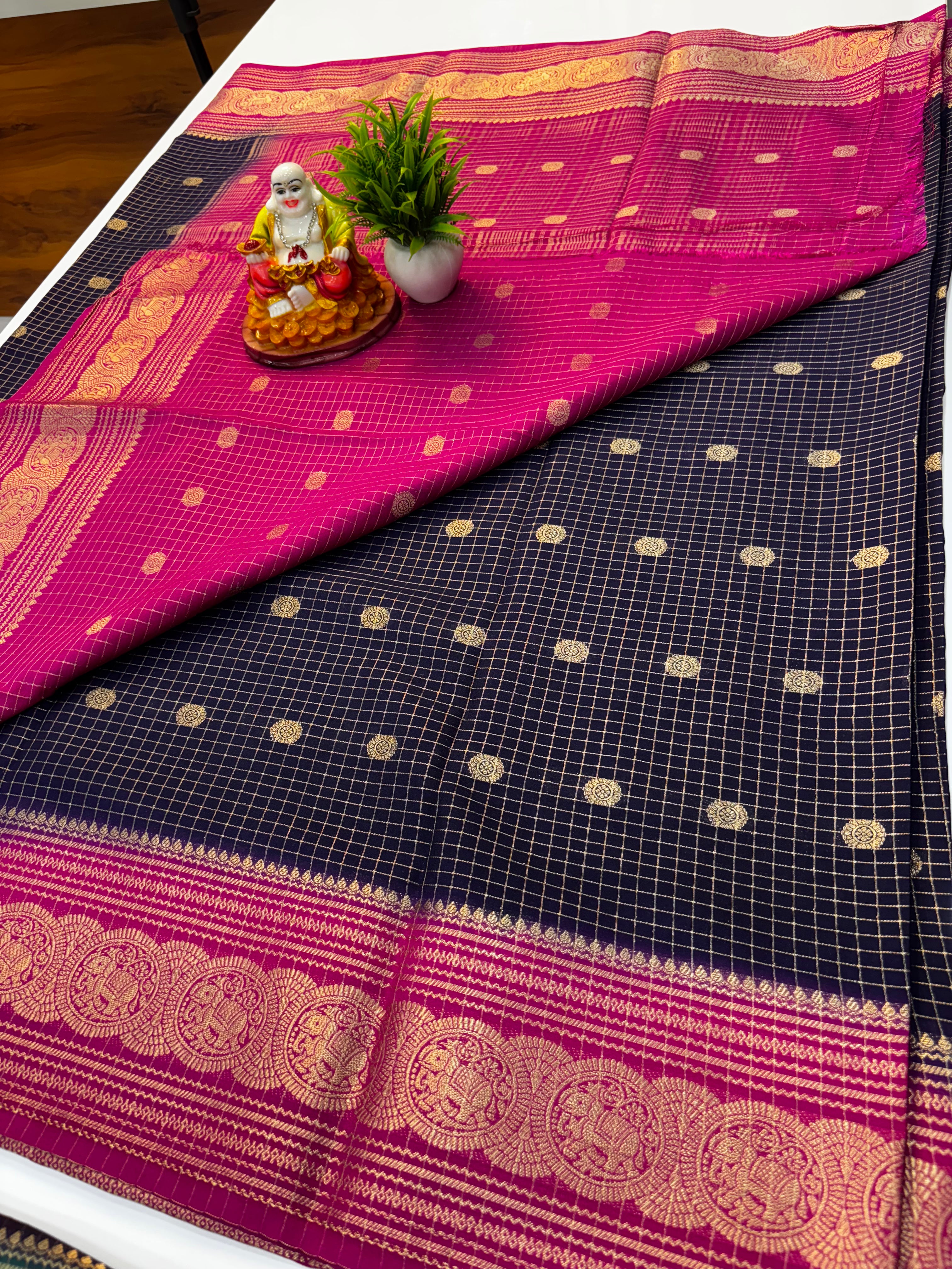 Mysore Crepe Silk Saree with Chex Pattern & Elephant Border