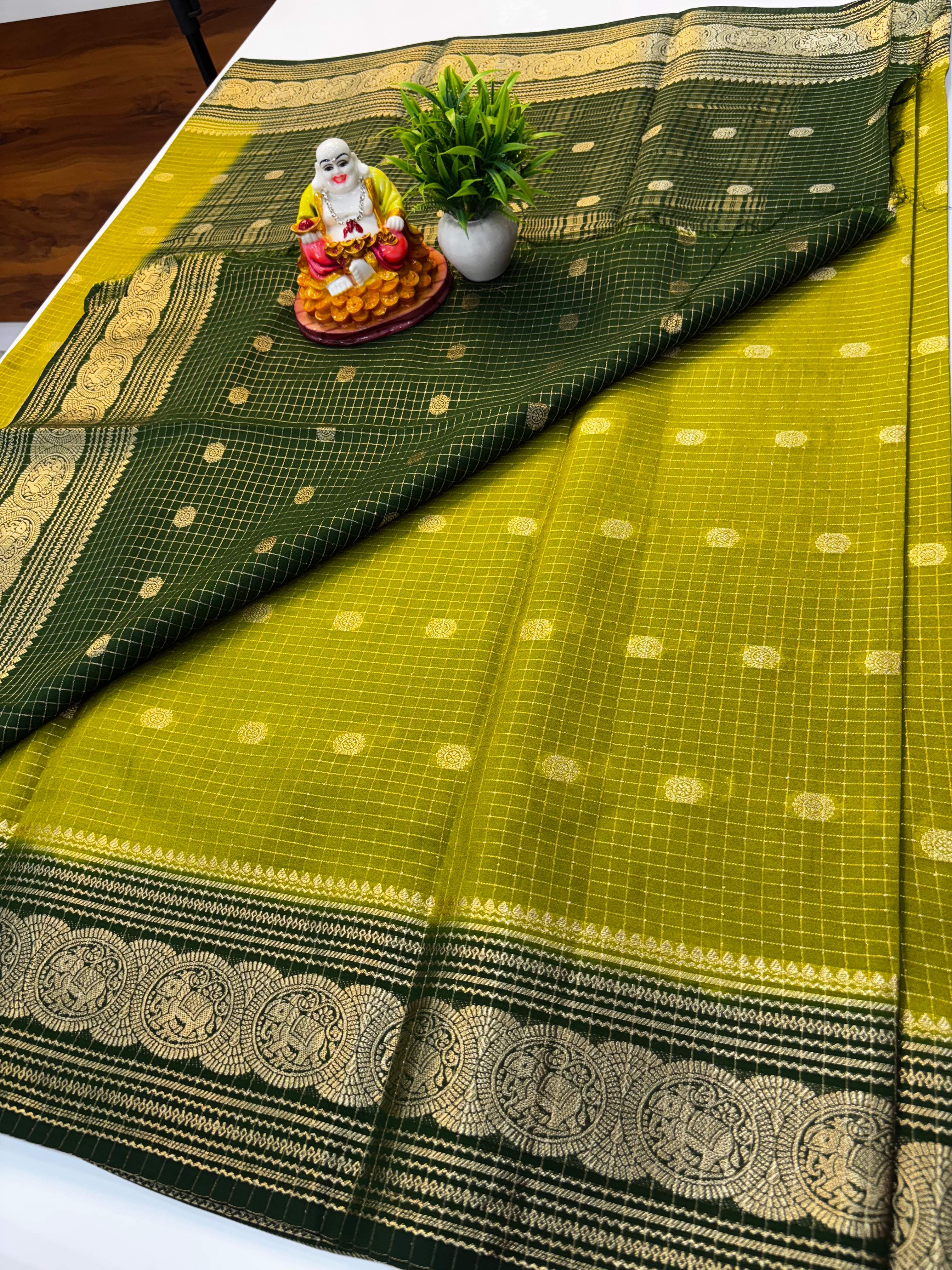 Mysore Crepe Silk Saree with Chex Pattern & Elephant Border