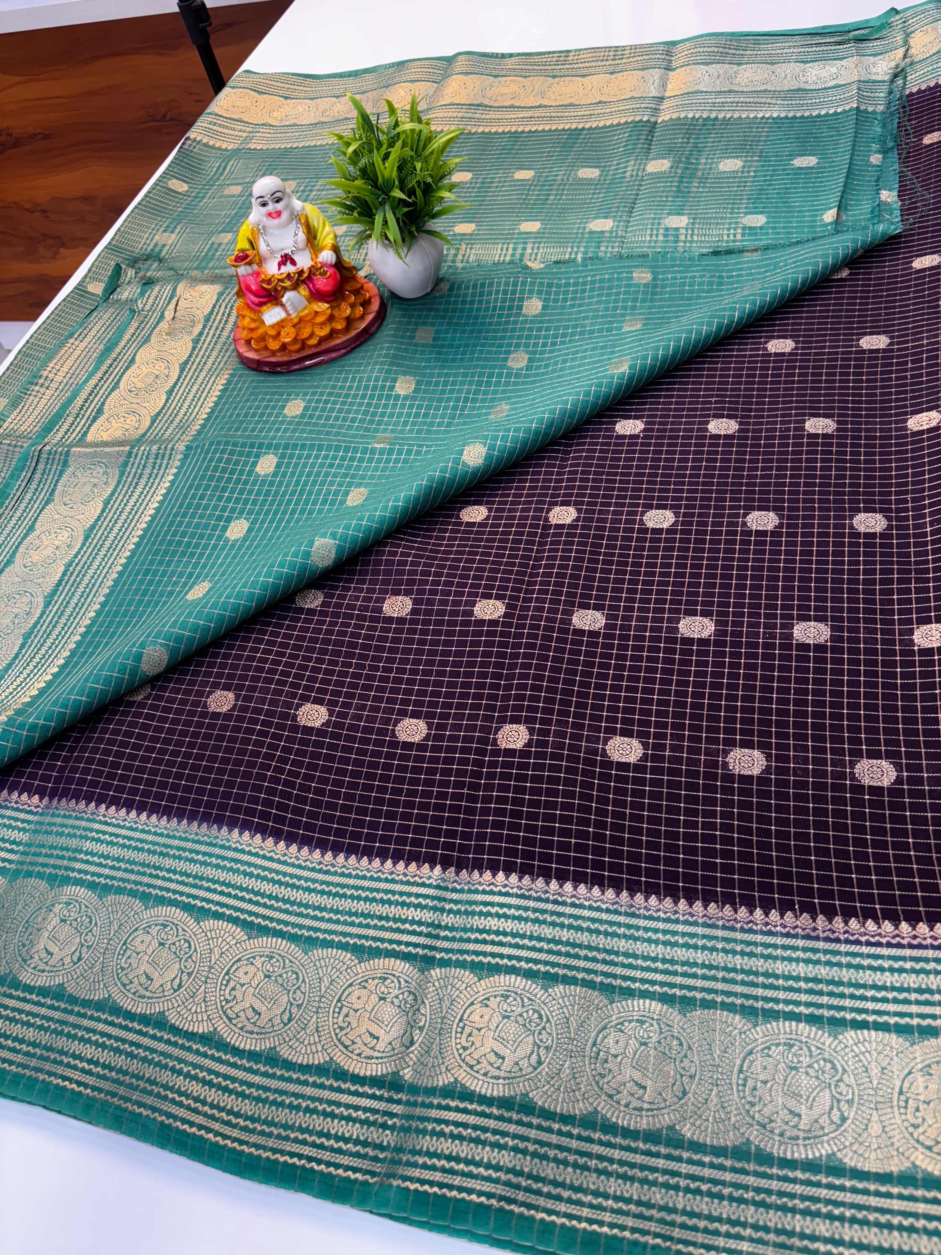 Mysore Crepe Silk Saree with Chex Pattern & Elephant Border