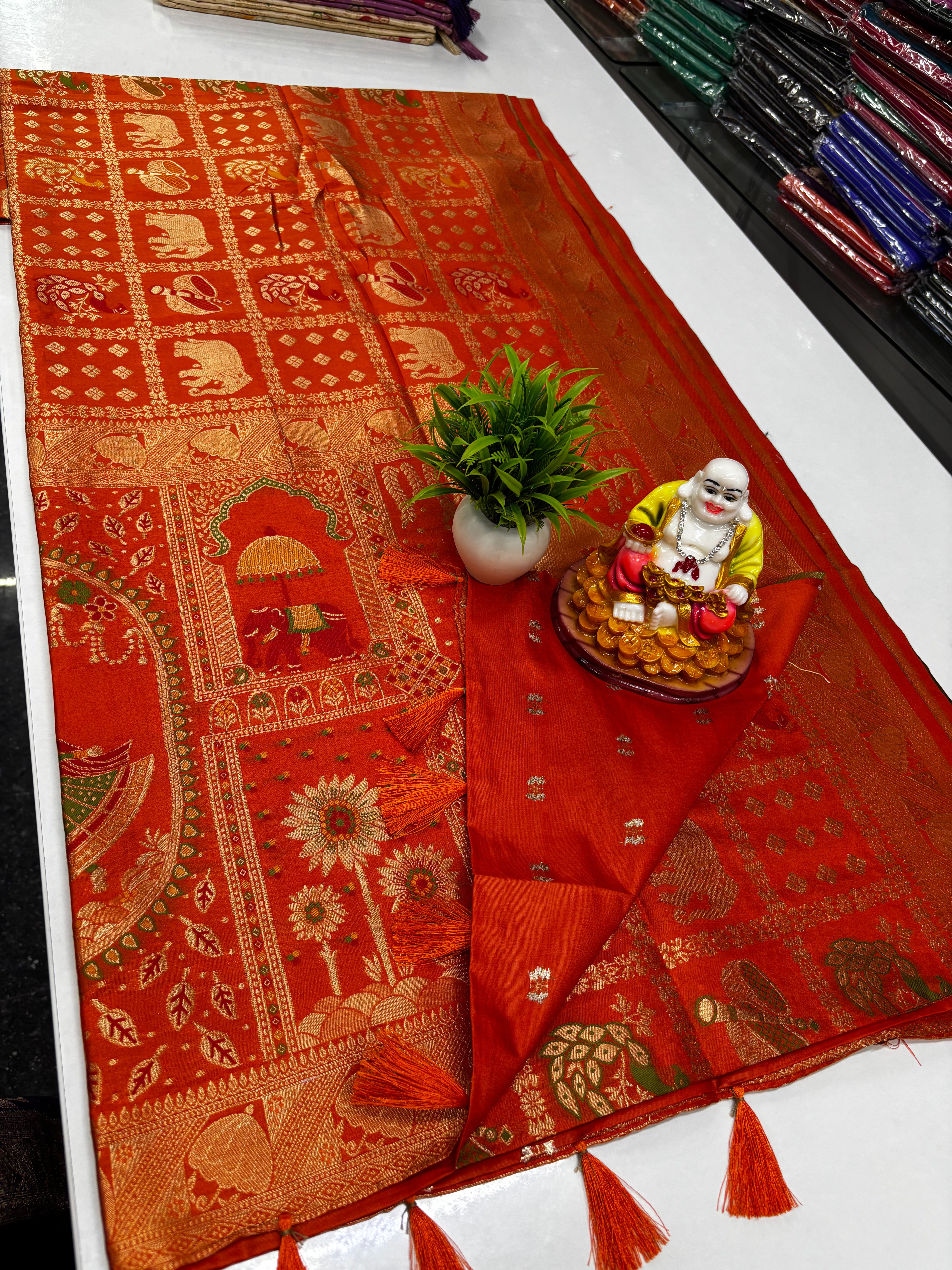 Beautiful Tanjore Print Weaved Saree with Rich Pallu & Butta Blouse,,tussar silk saree