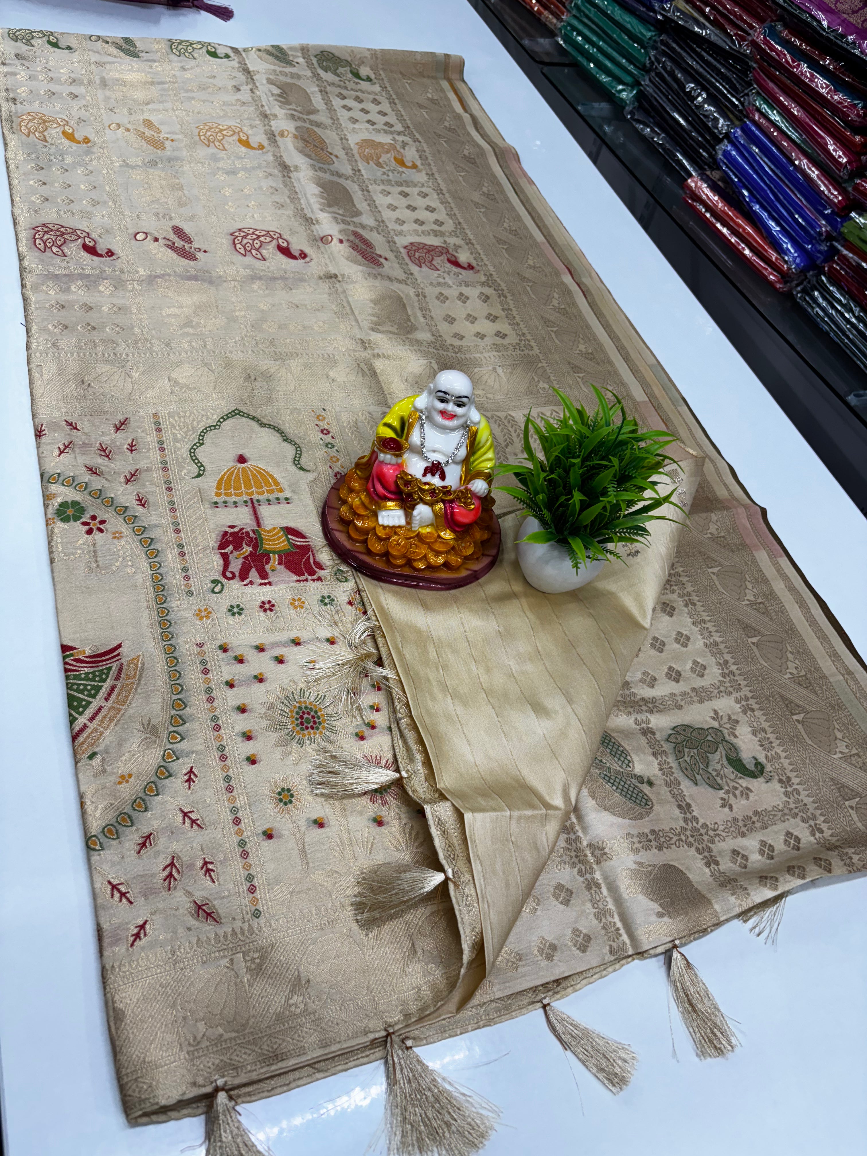 Beautiful Tanjore Print Weaved Saree with Rich Pallu & Butta Blouse,,tussar silk saree