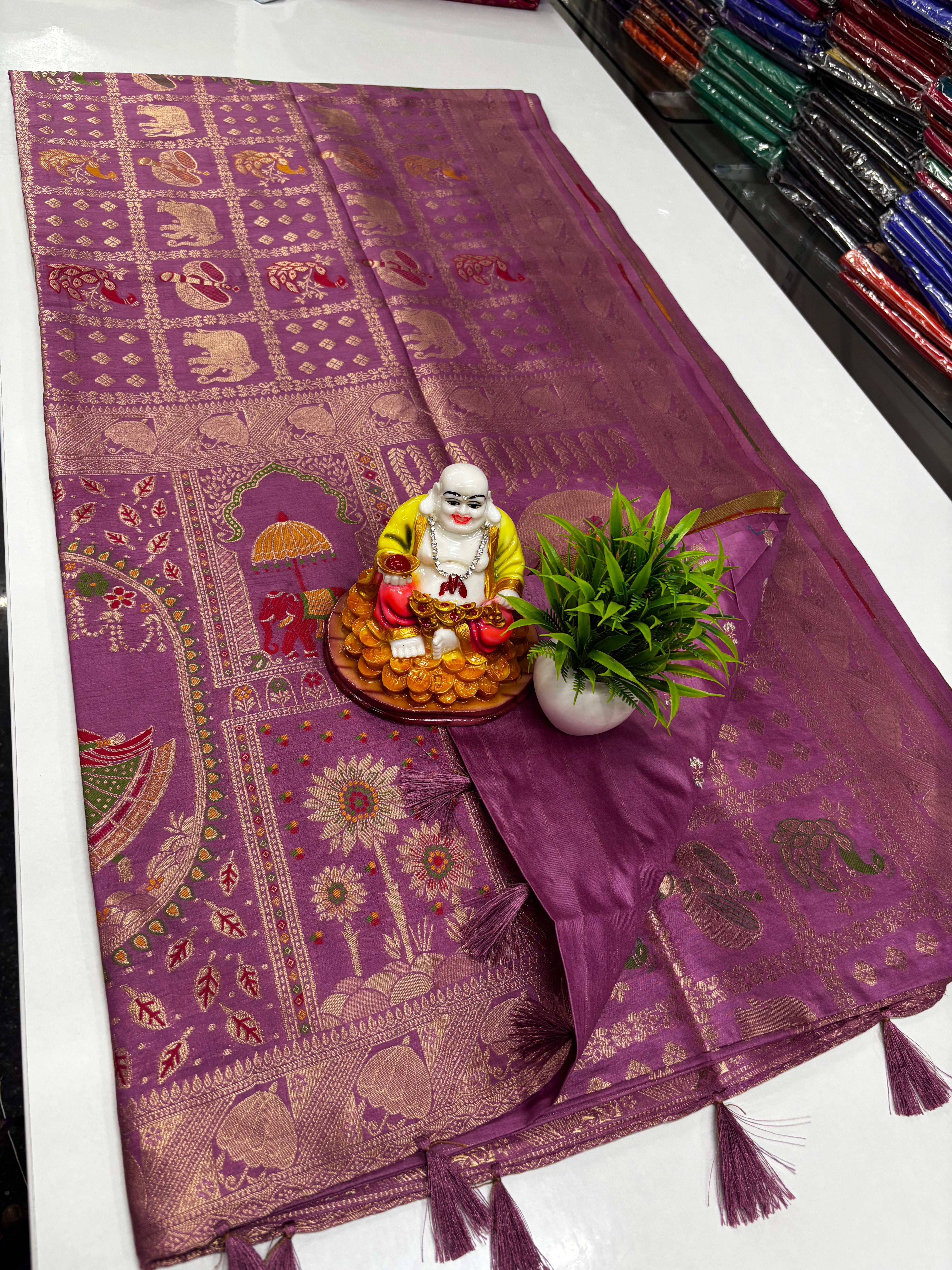 Beautiful Tanjore Print Weaved Saree with Rich Pallu & Butta Blouse,,tussar silk saree