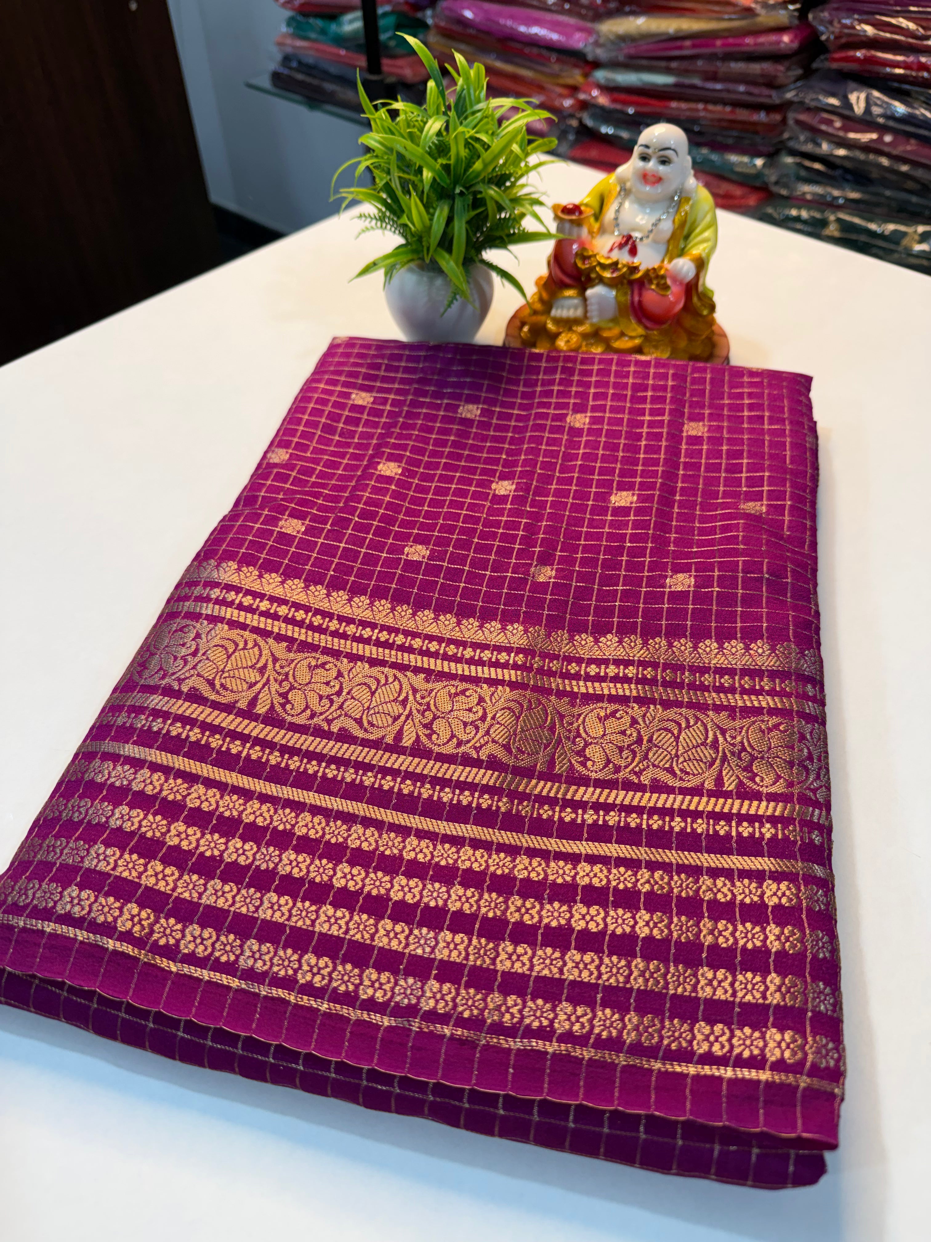 Mysore Crepe Silk Saree with Checks & Butta | Rich Pallu…