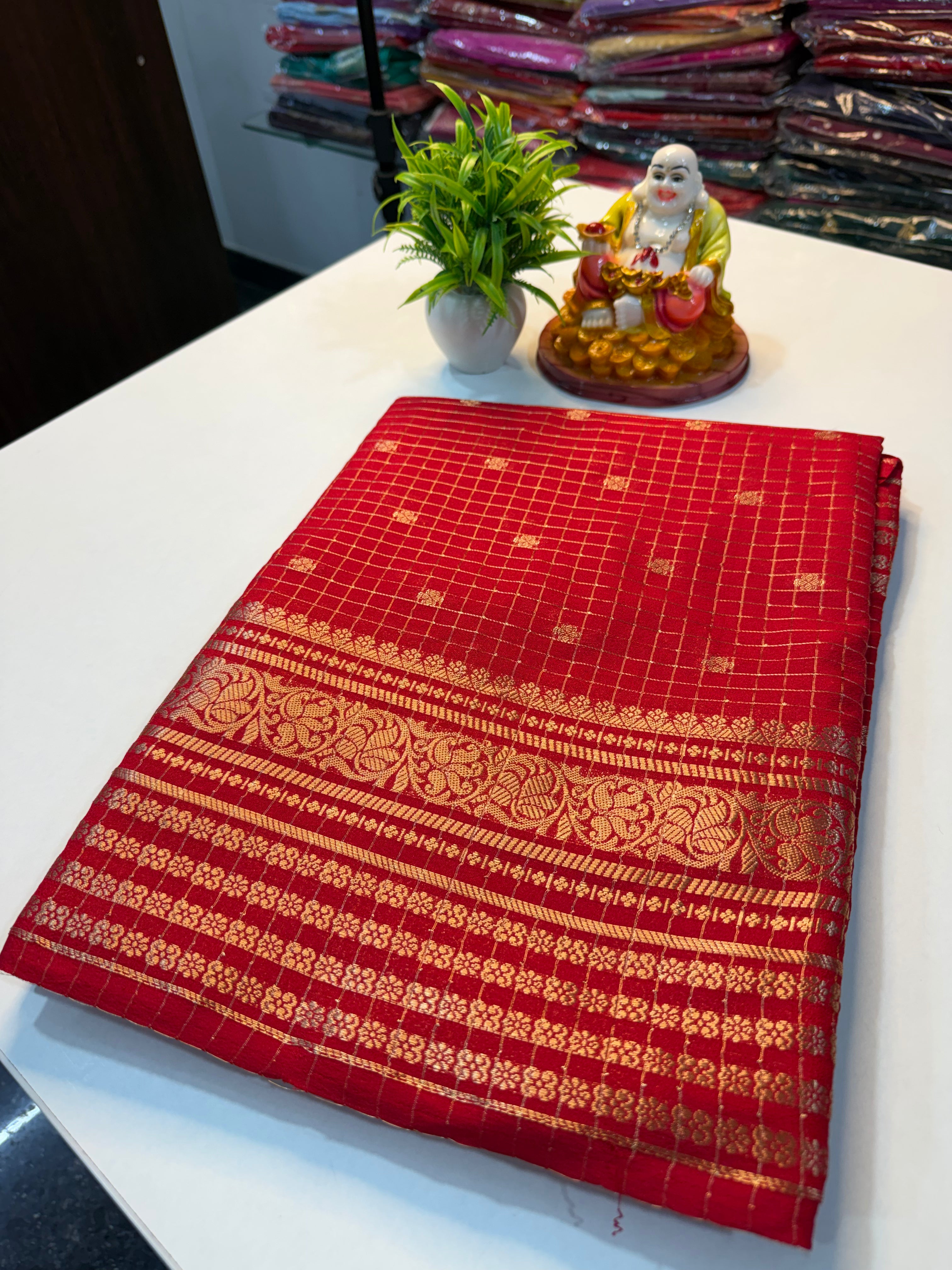 Mysore Crepe Silk Saree with Checks & Butta | Rich Pallu…