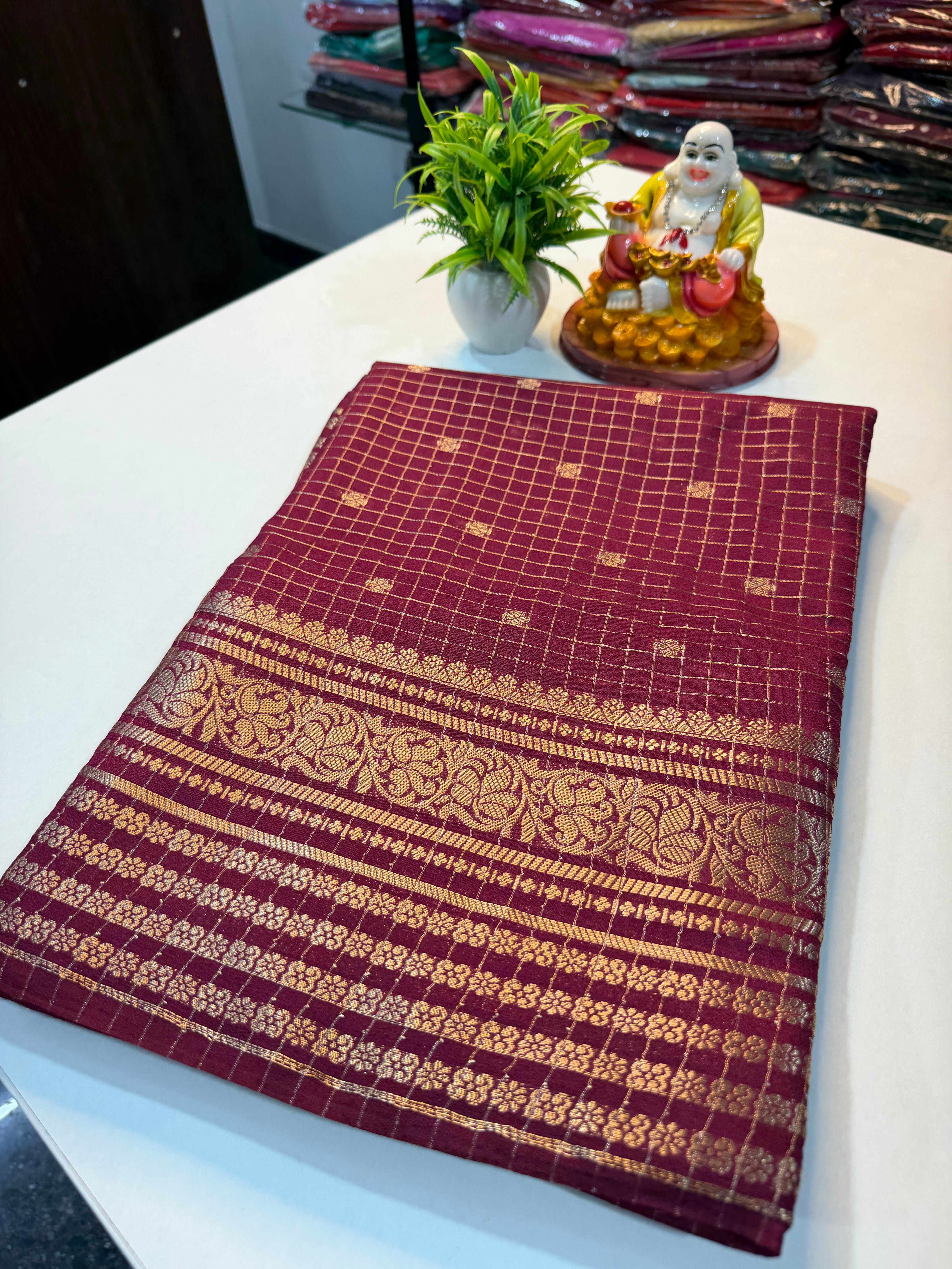 Mysore Crepe Silk Saree with Checks & Butta | Rich Pallu…