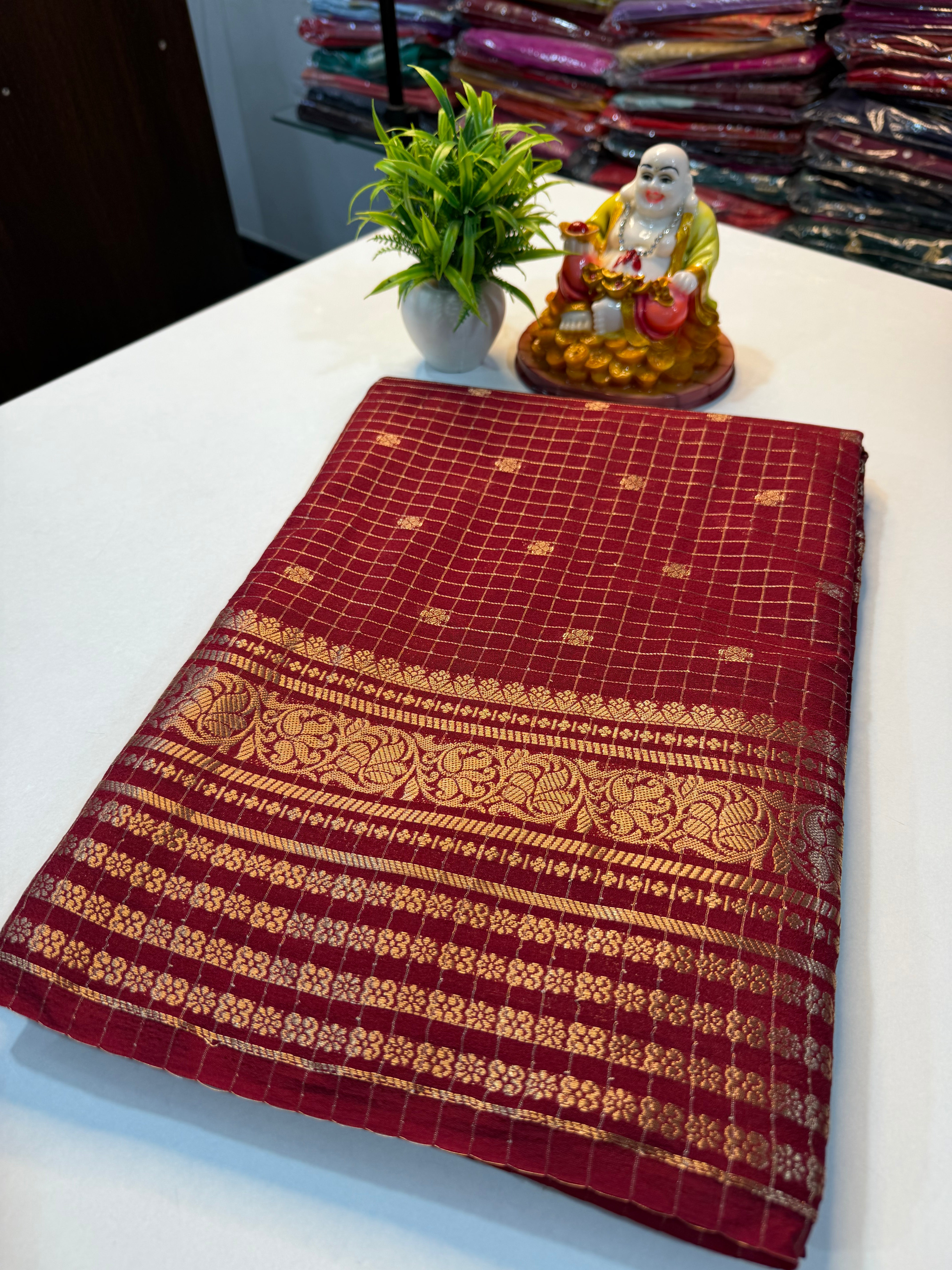 Mysore Crepe Silk Saree with Checks & Butta | Rich Pallu…
