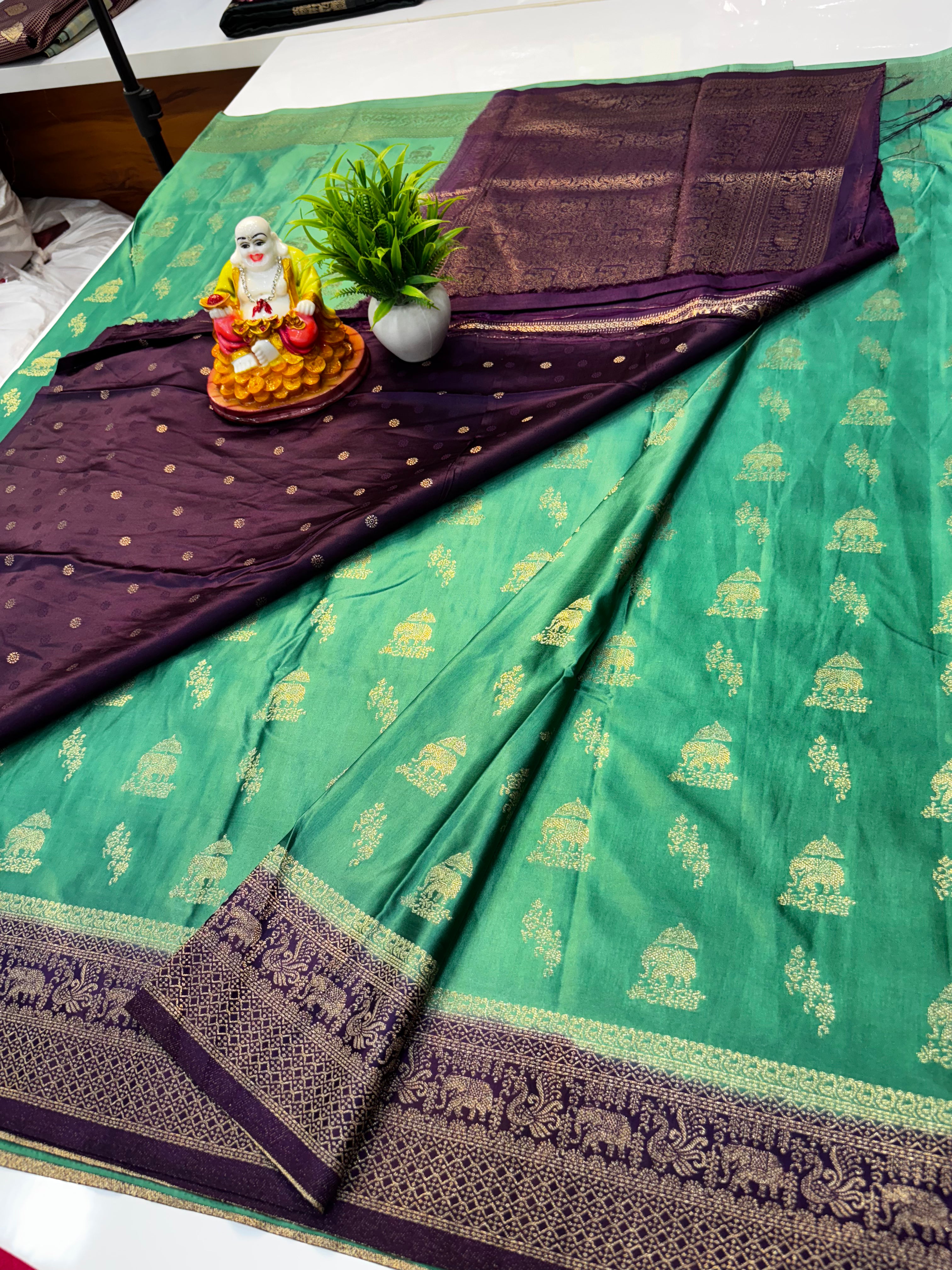 Premium Satin Saree with Elephant Buttas & Rich Pallu with Blouse