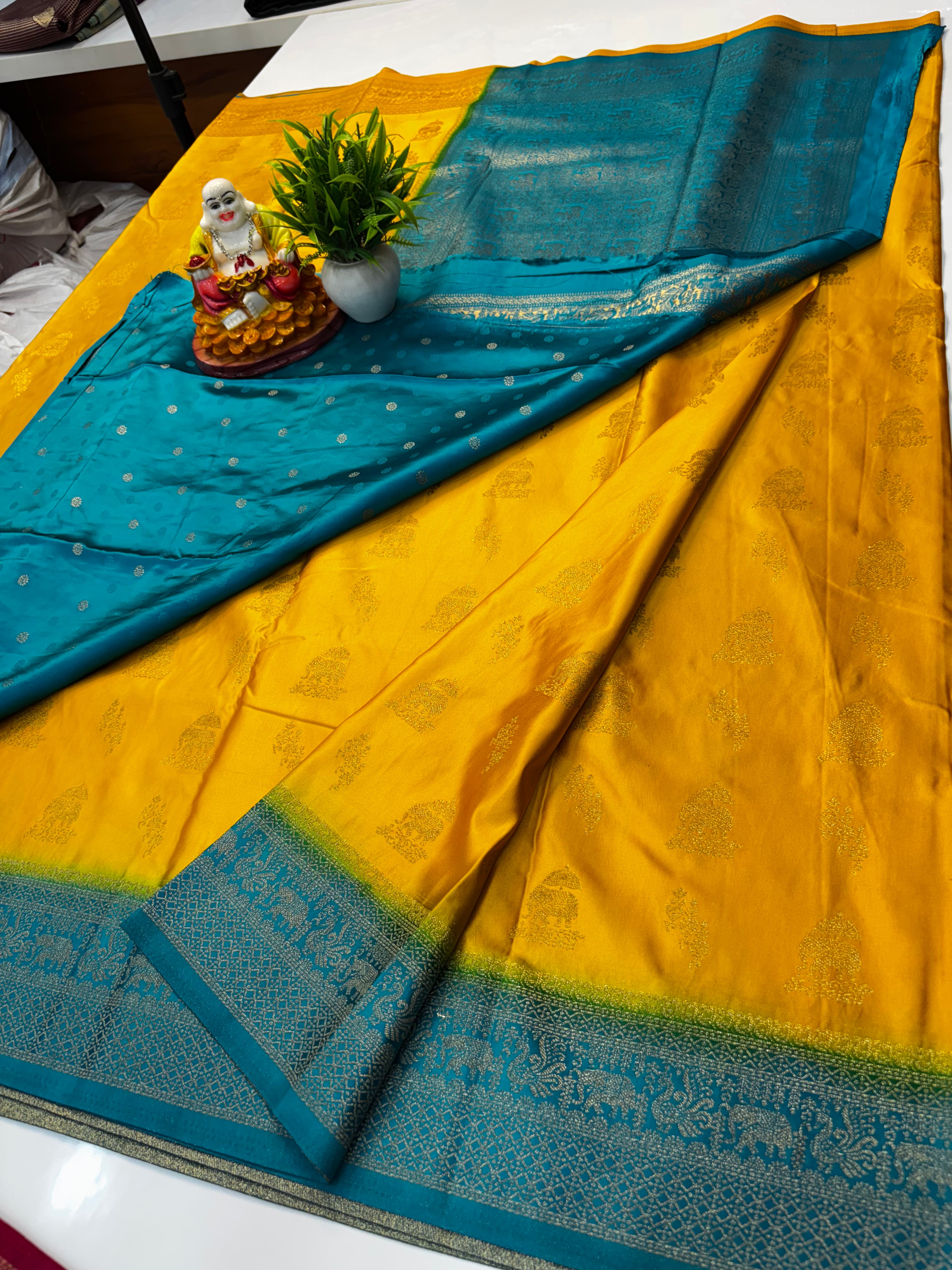 Premium Satin Saree with Elephant Buttas & Rich Pallu with Blouse