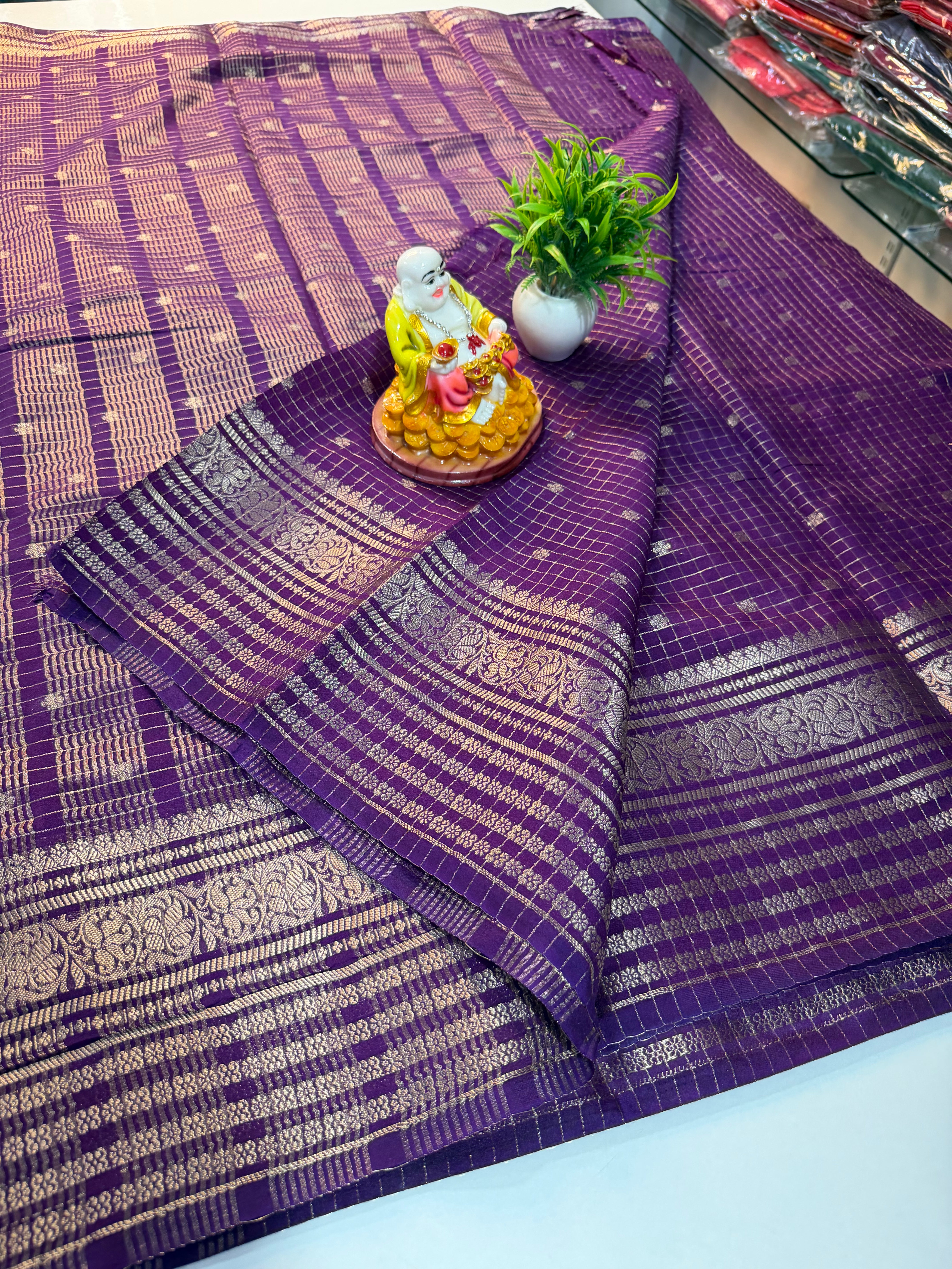Mysore Crepe Silk Saree with Checks & Butta | Rich Pallu…