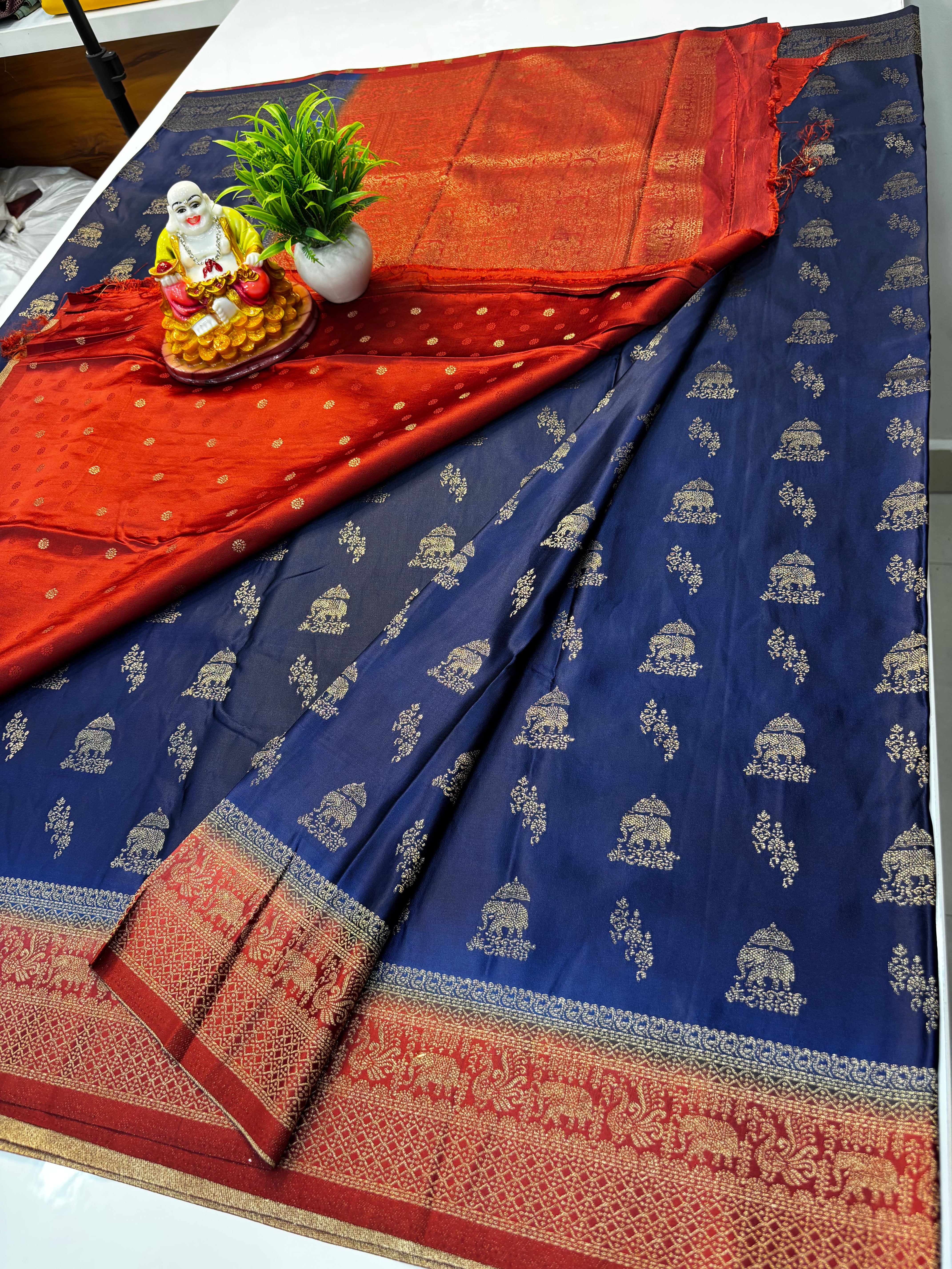 Premium Satin Saree with Elephant Buttas & Rich Pallu with Blouse