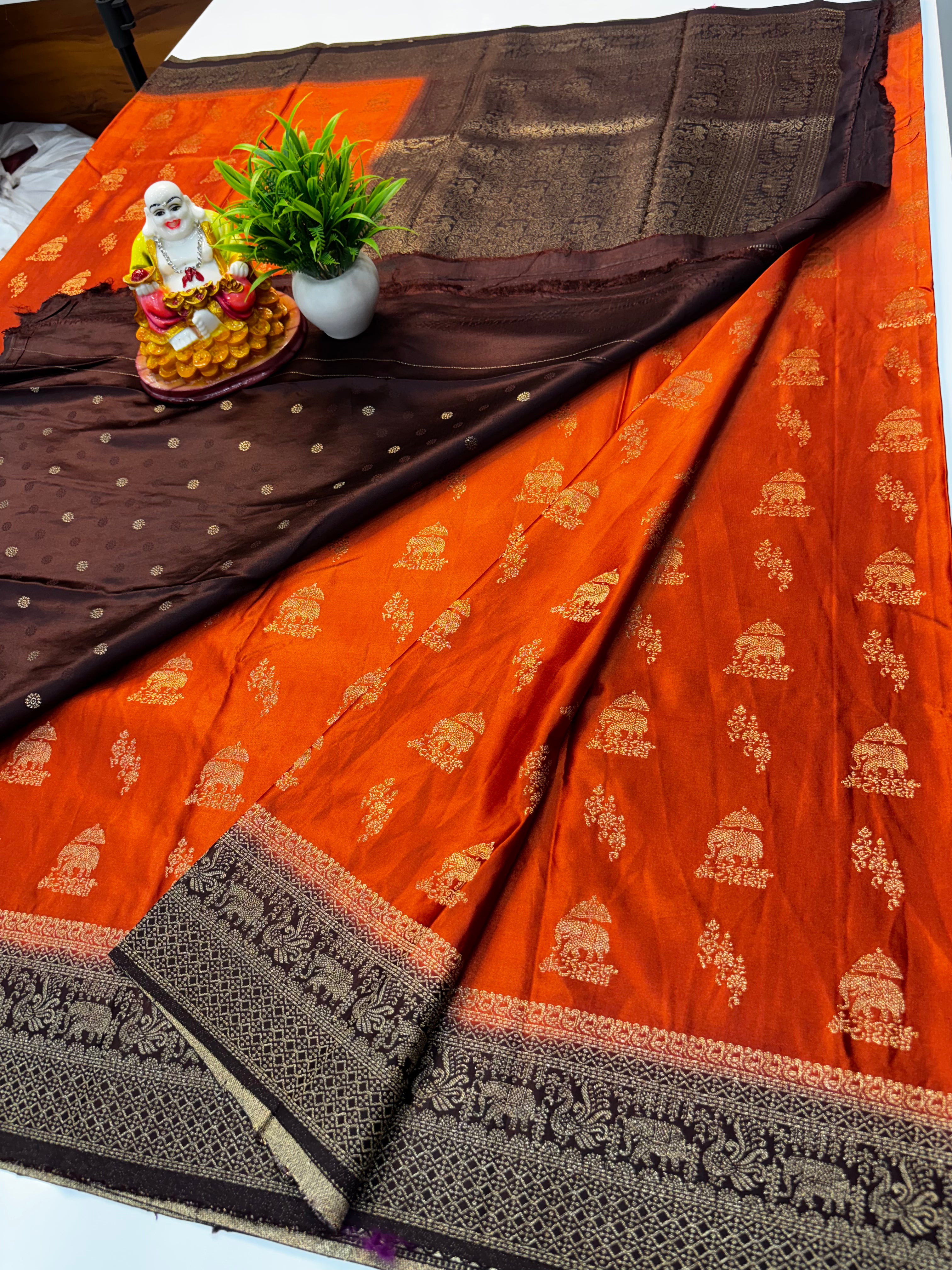 Premium Satin Saree with Elephant Buttas & Rich Pallu with Blouse