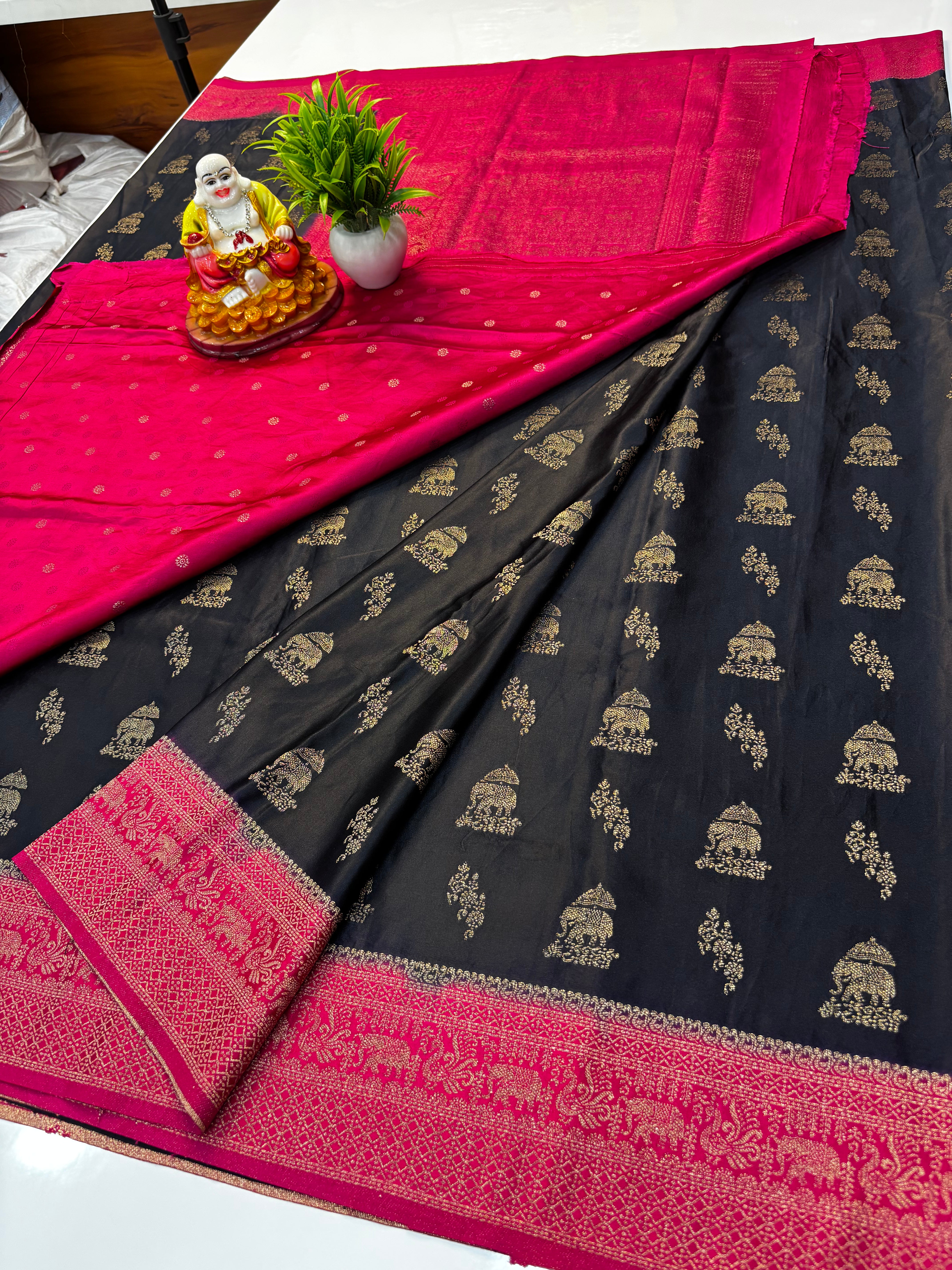 Premium Satin Saree with Elephant Buttas & Rich Pallu with Blouse