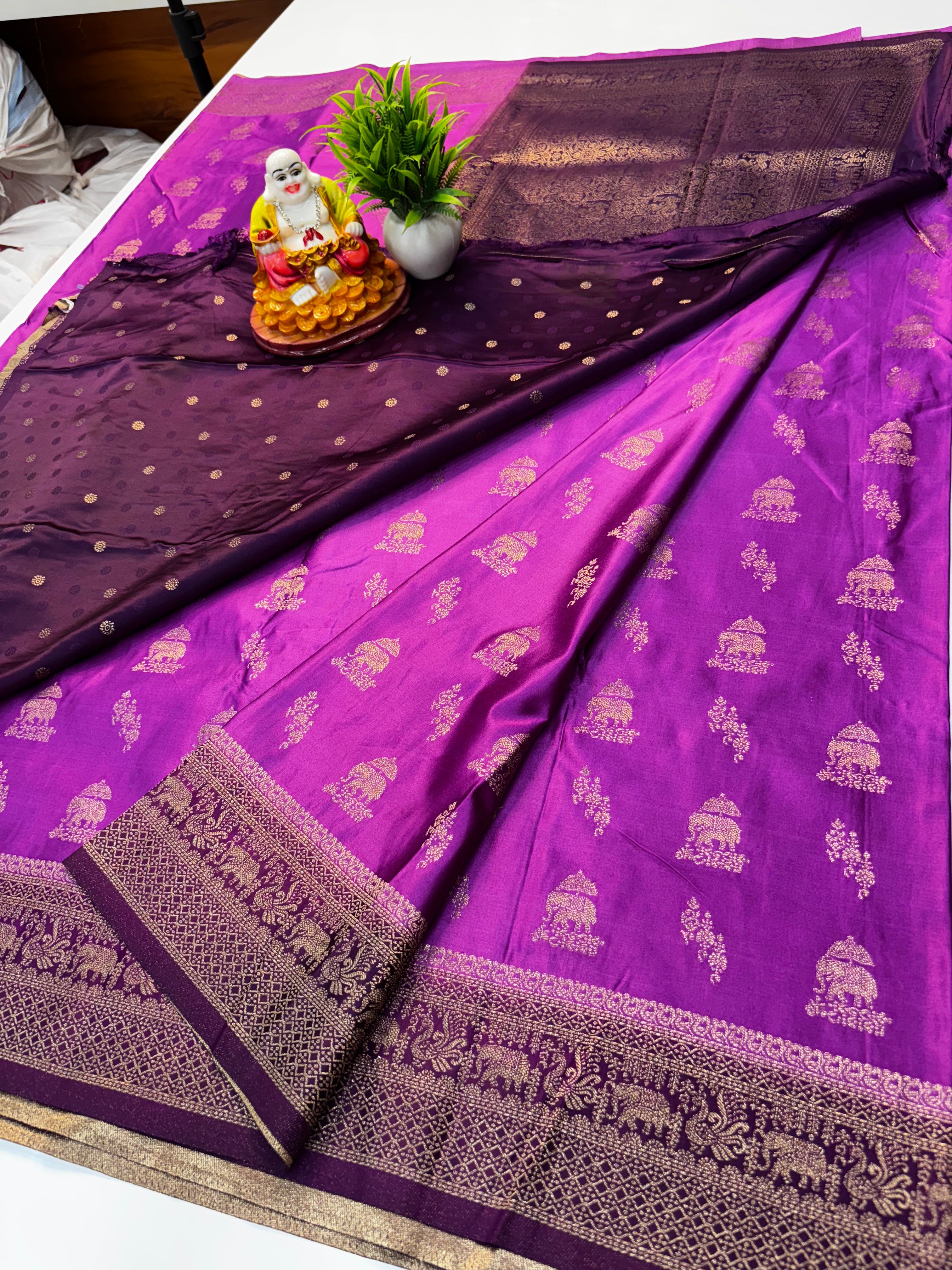 Premium Satin Saree with Elephant Buttas & Rich Pallu with Blouse