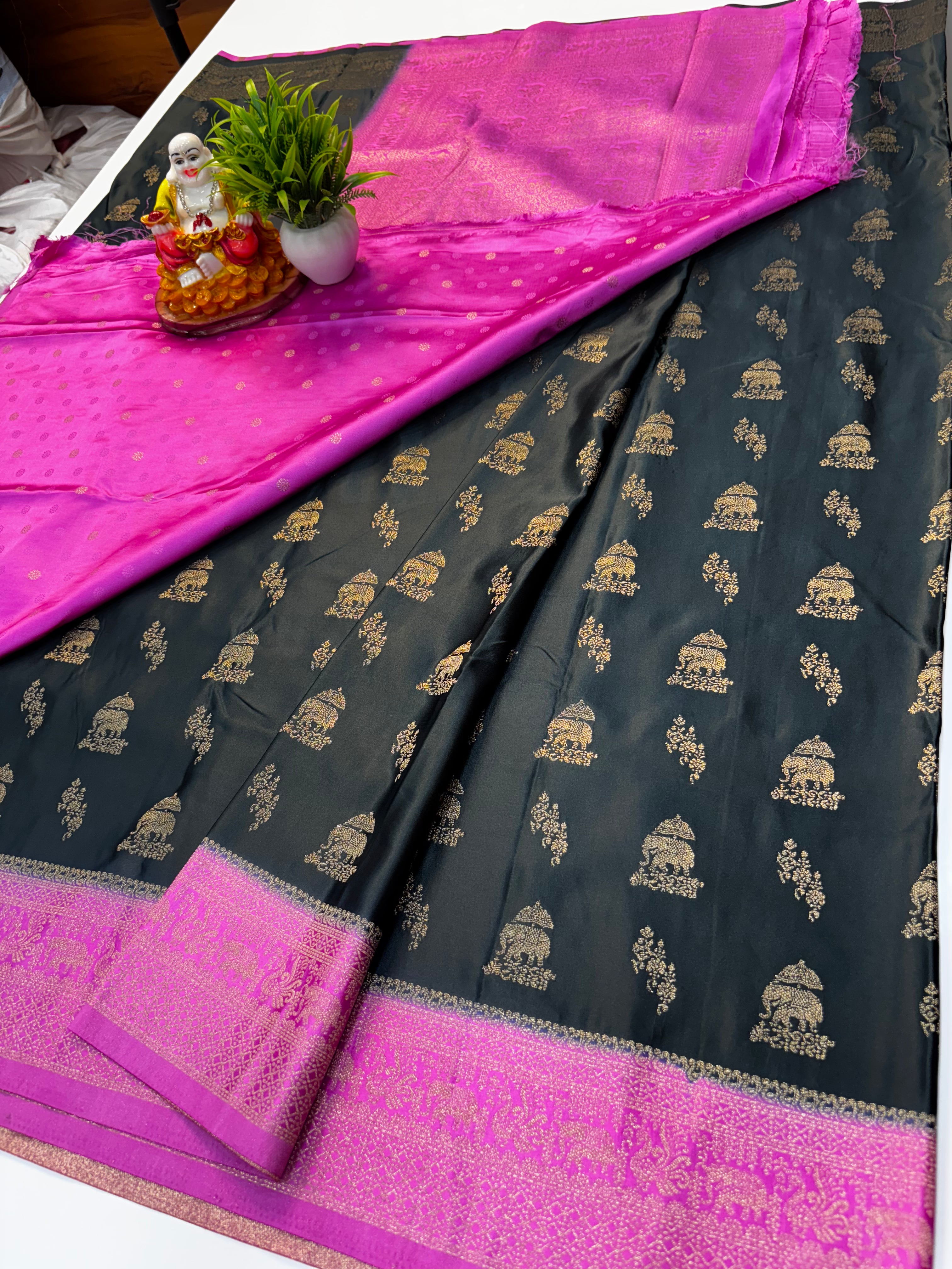 Premium Satin Saree with Elephant Buttas & Rich Pallu with Blouse