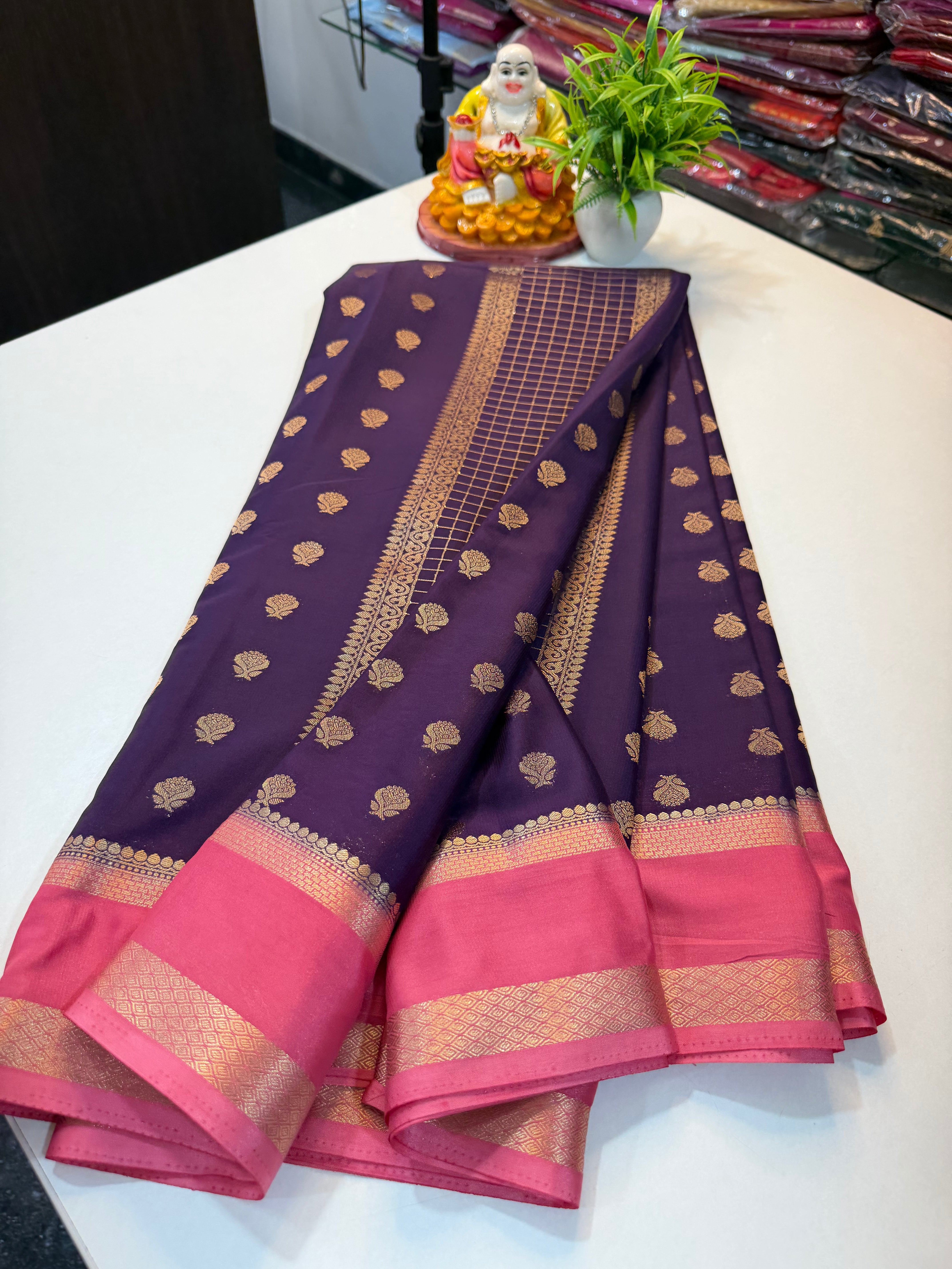 Premium Mysore Crepe Silk Saree with Checks & Butta | Rich pallu …