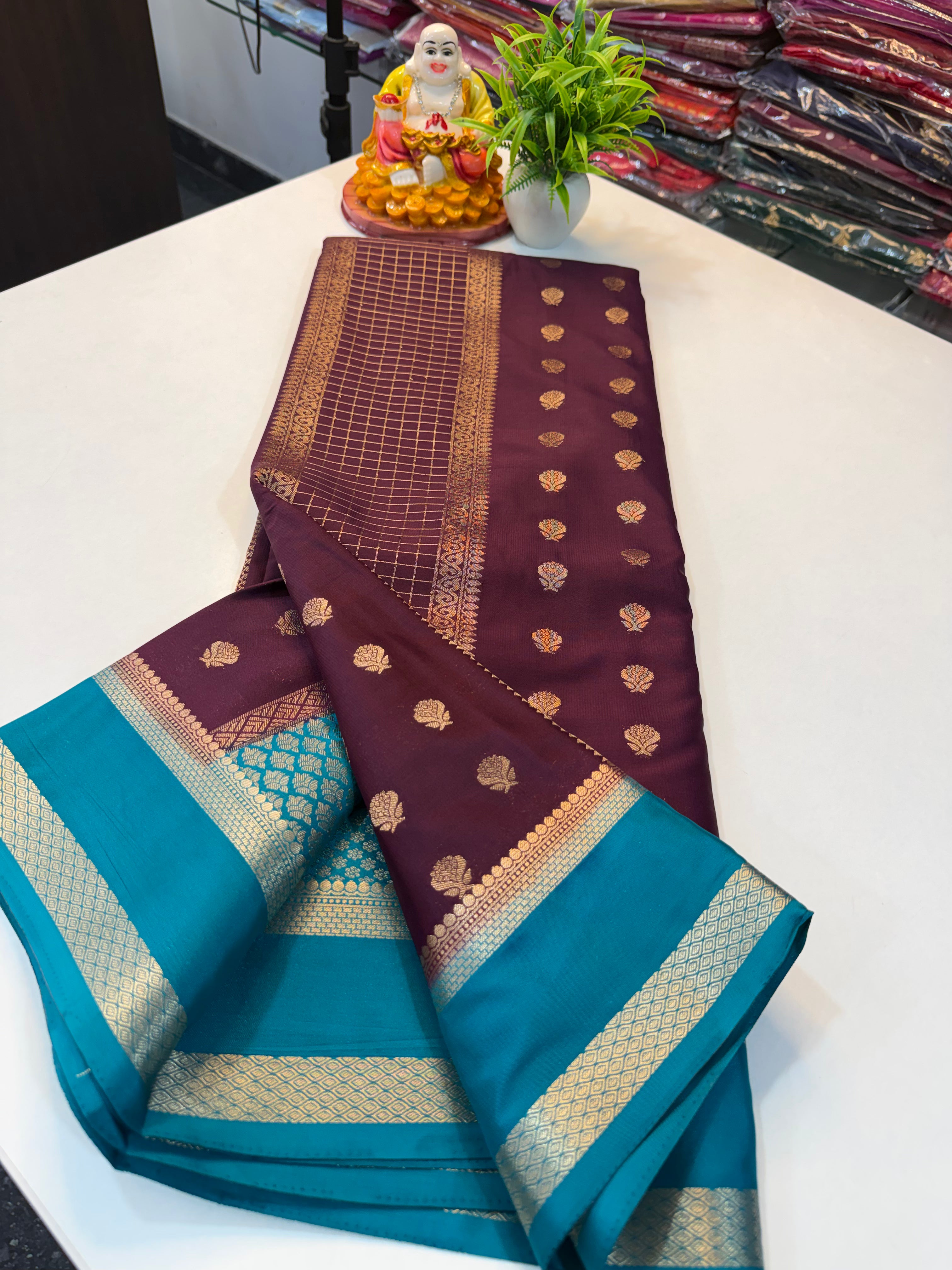 Premium Mysore Crepe Silk Saree with Checks & Butta | Rich pallu …