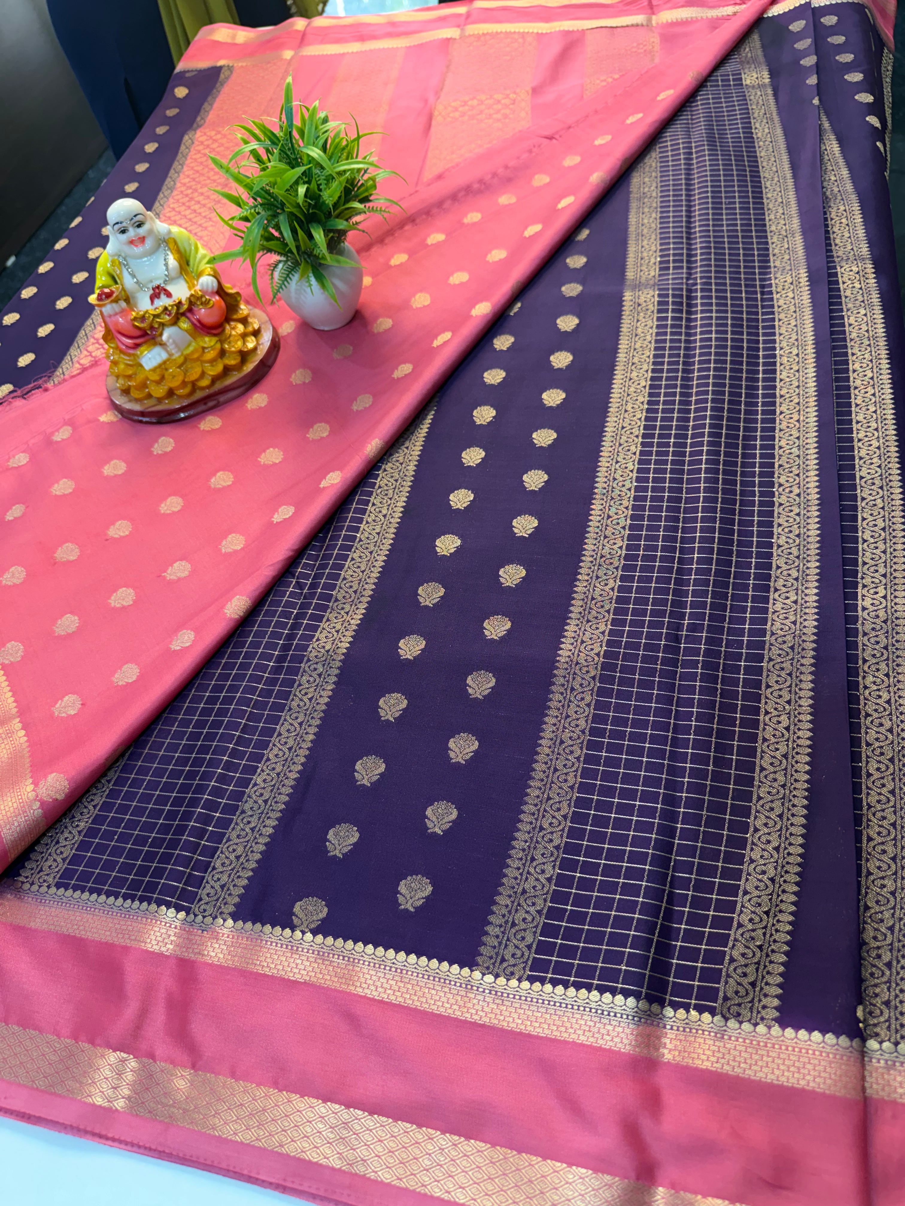 Premium Mysore Crepe Silk Saree with Checks & Butta | Rich pallu …