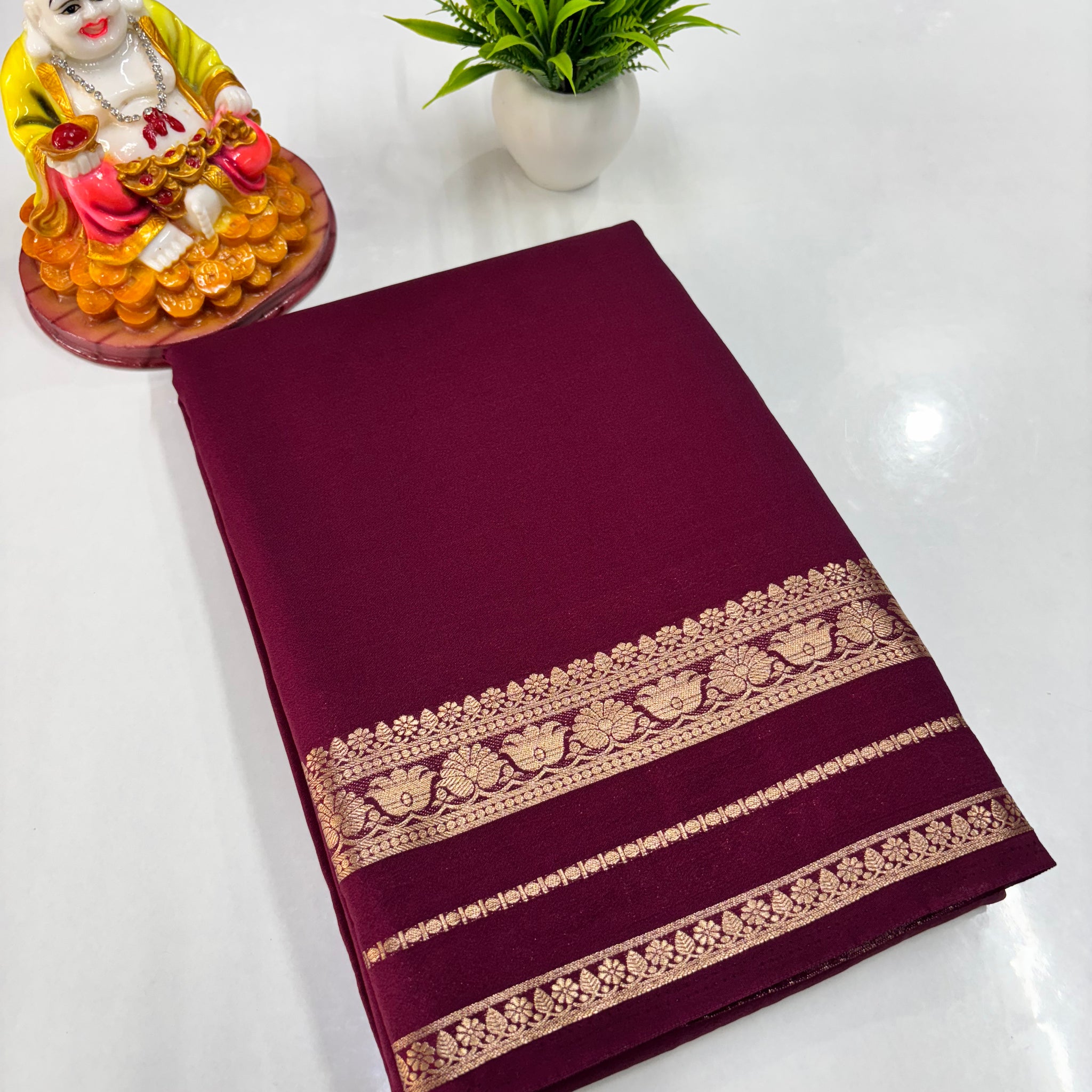 Semi Crepe Lotus Border Saree - Padmavathi Silks and Sarees