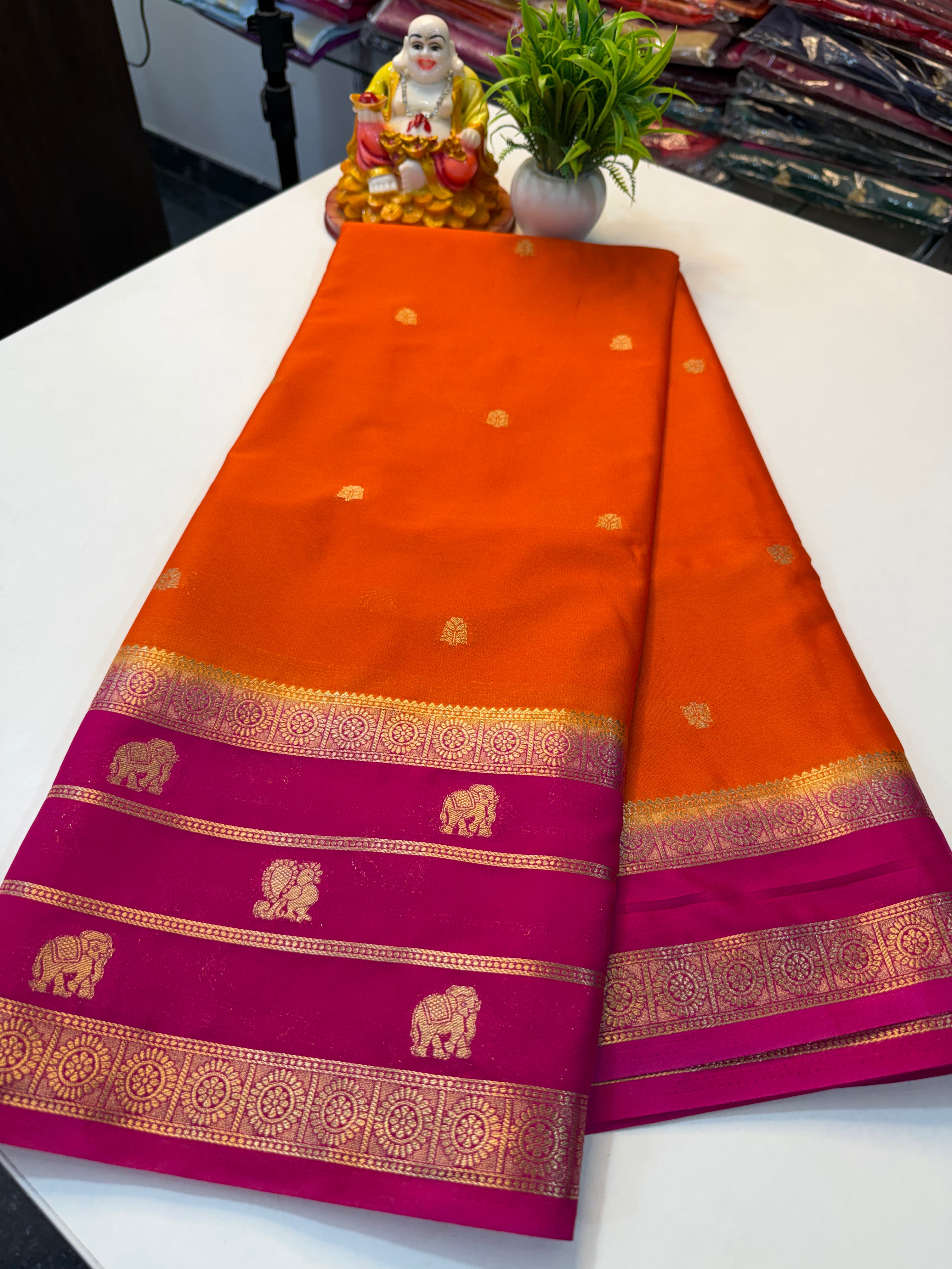 Premium Mysore Crepe Silk Saree with Elephant & Peacock Design…