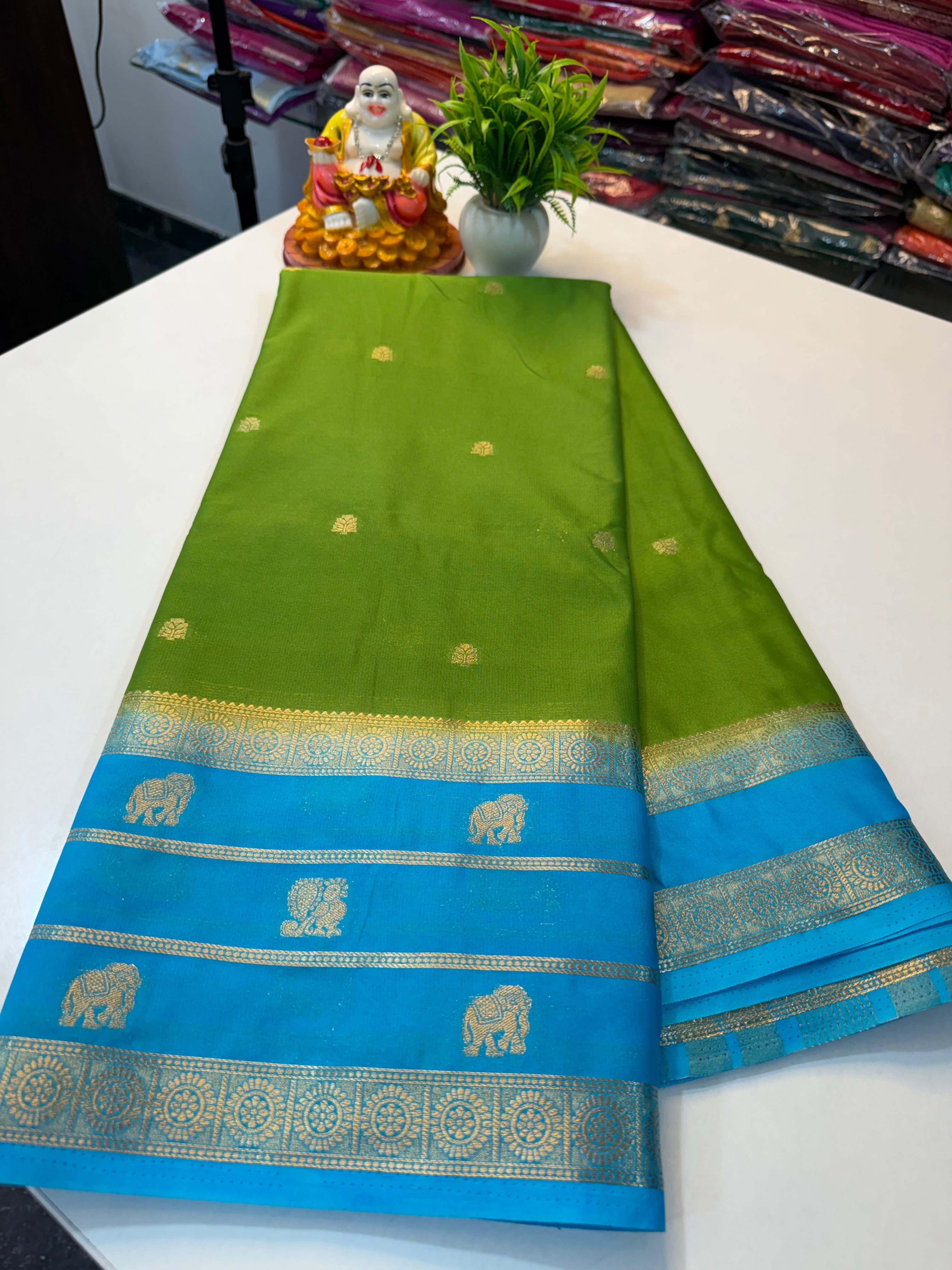 Premium Mysore Crepe Silk Saree with Elephant & Peacock Design…