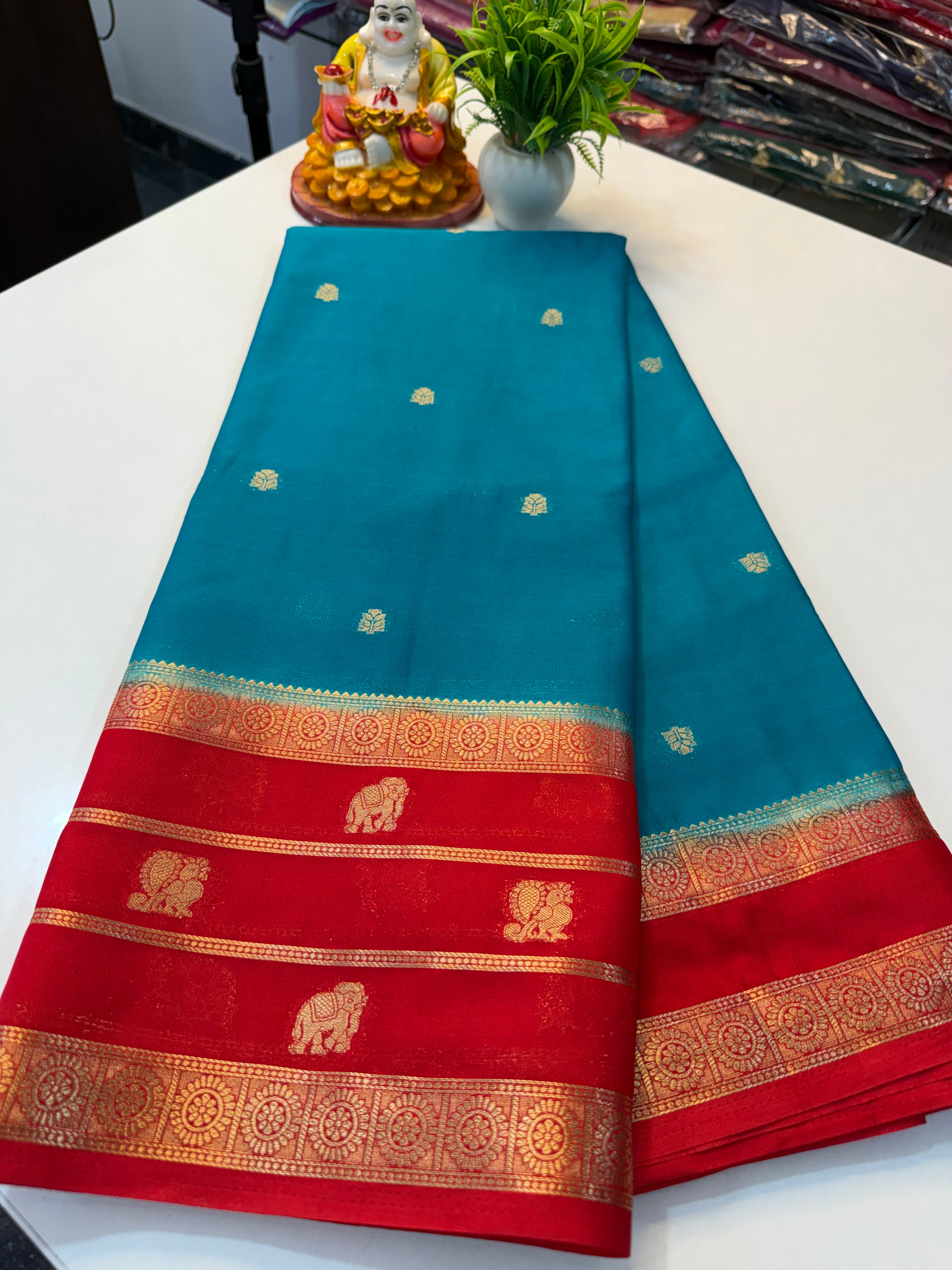 Premium Mysore Crepe Silk Saree with Elephant & Peacock Design…