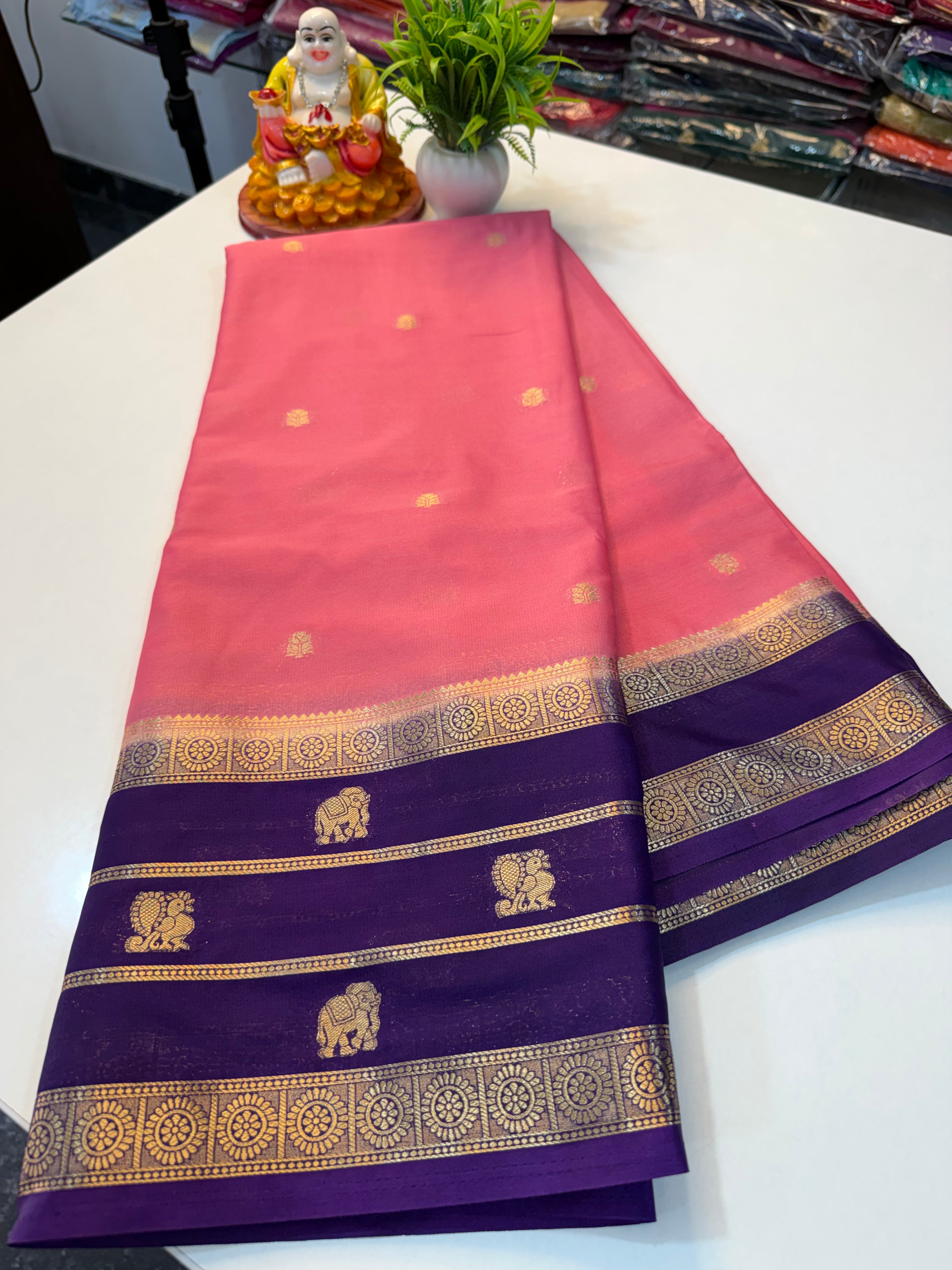 Premium Mysore Crepe Silk Saree with Elephant & Peacock Design…