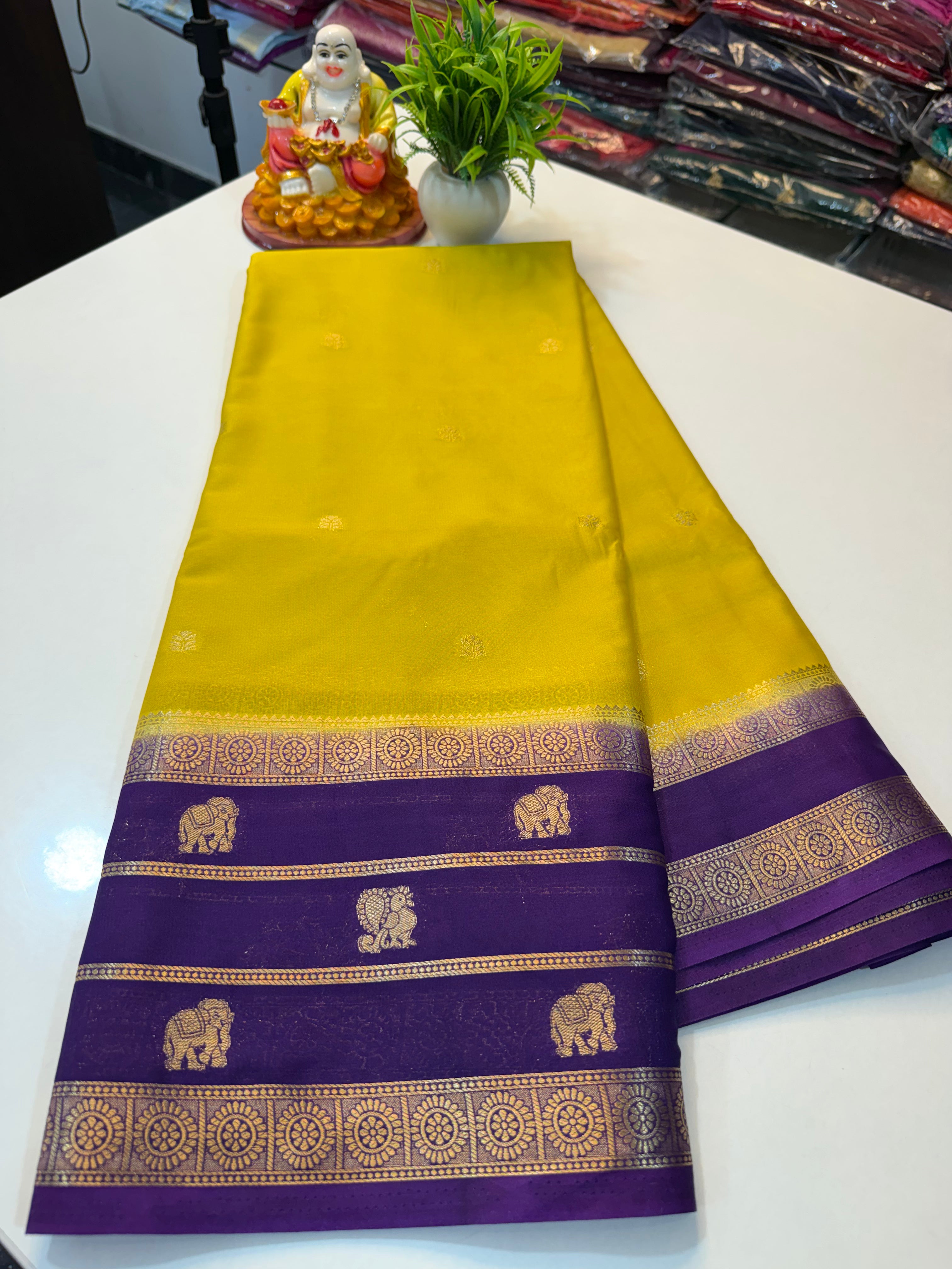 Premium Mysore Crepe Silk Saree with Elephant & Peacock Design…