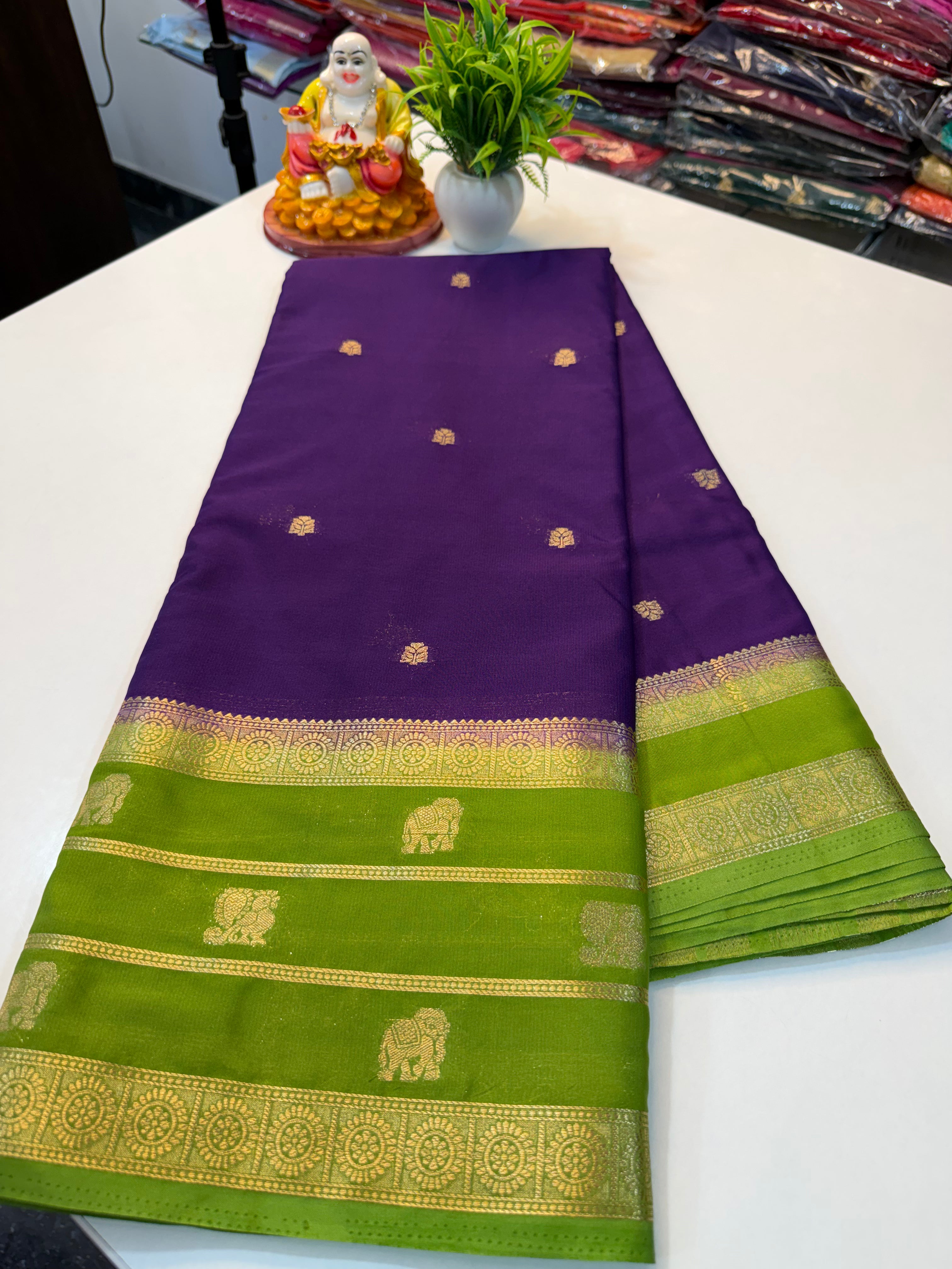 Premium Mysore Crepe Silk Saree with Elephant & Peacock Design…