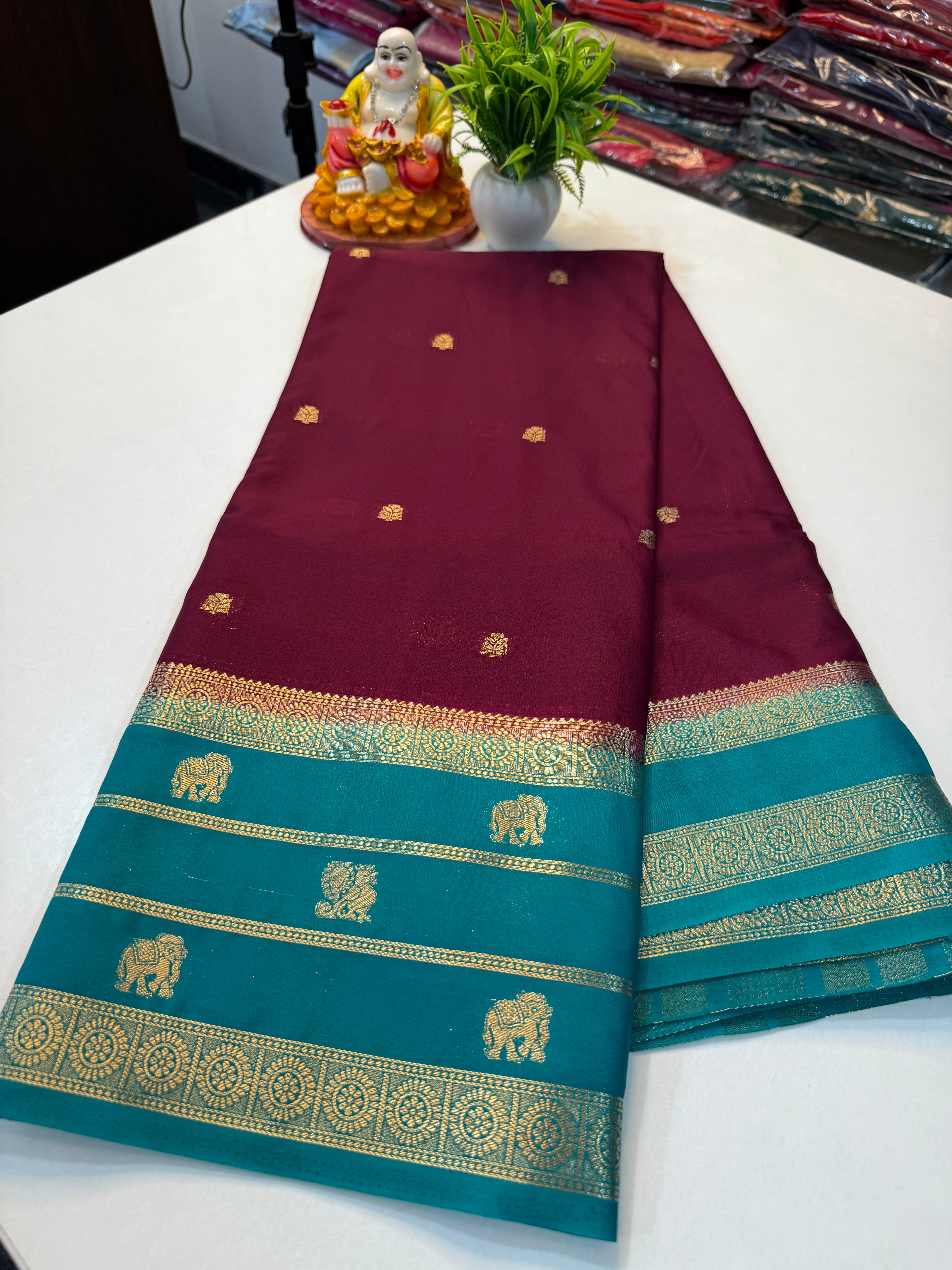 Premium Mysore Crepe Silk Saree with Elephant & Peacock Design…