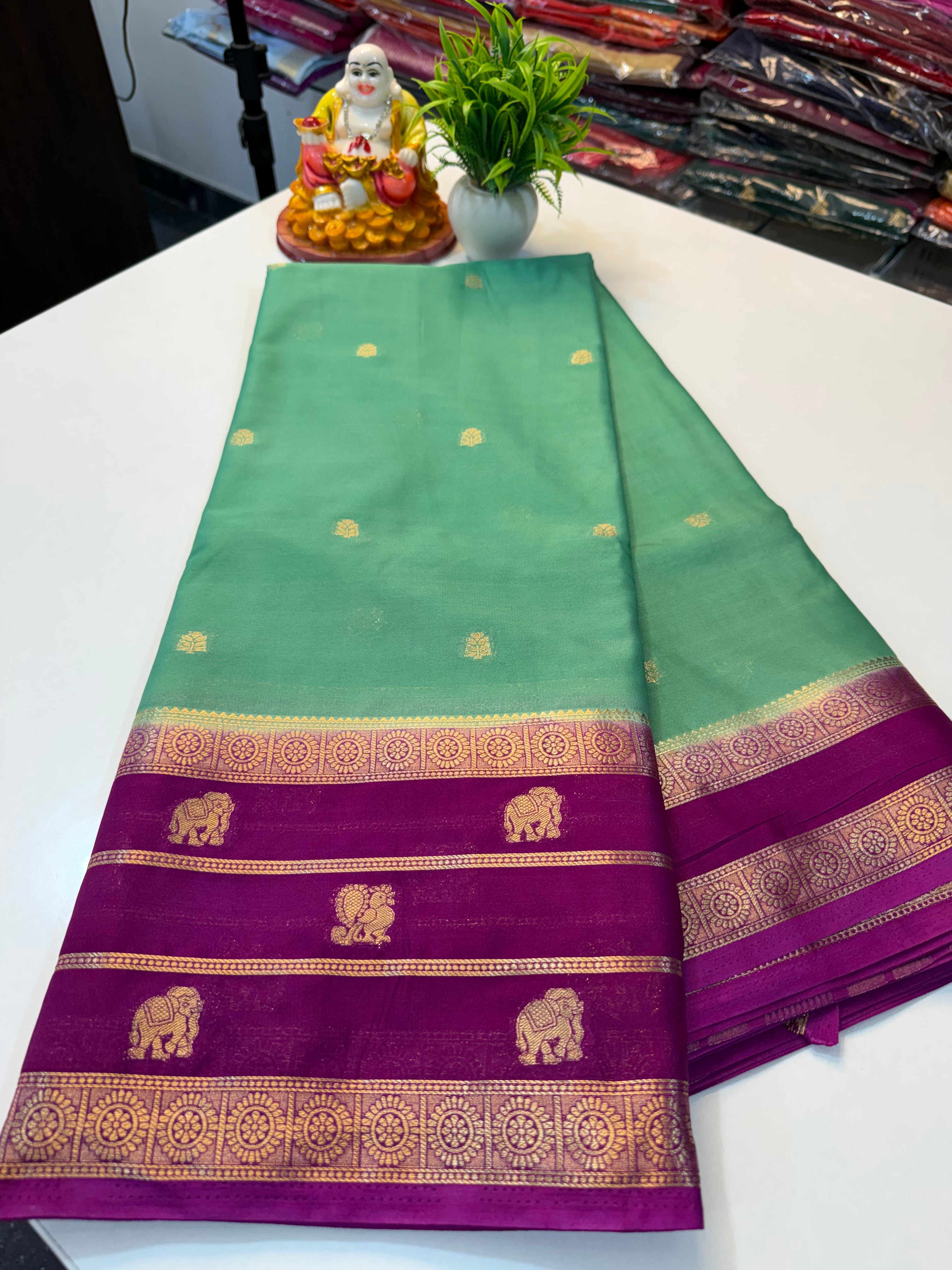 Premium Mysore Crepe Silk Saree with Elephant & Peacock Design…