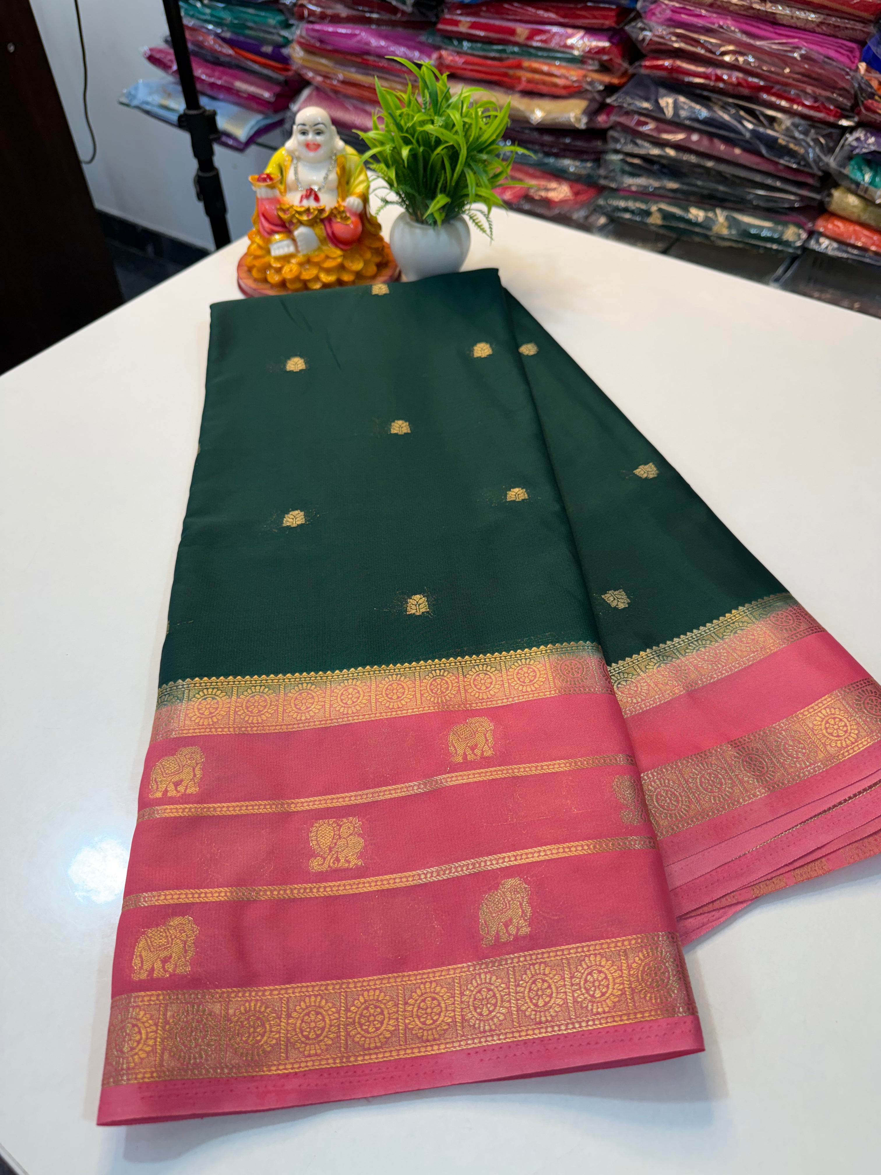 Premium Mysore Crepe Silk Saree with Elephant & Peacock Design…
