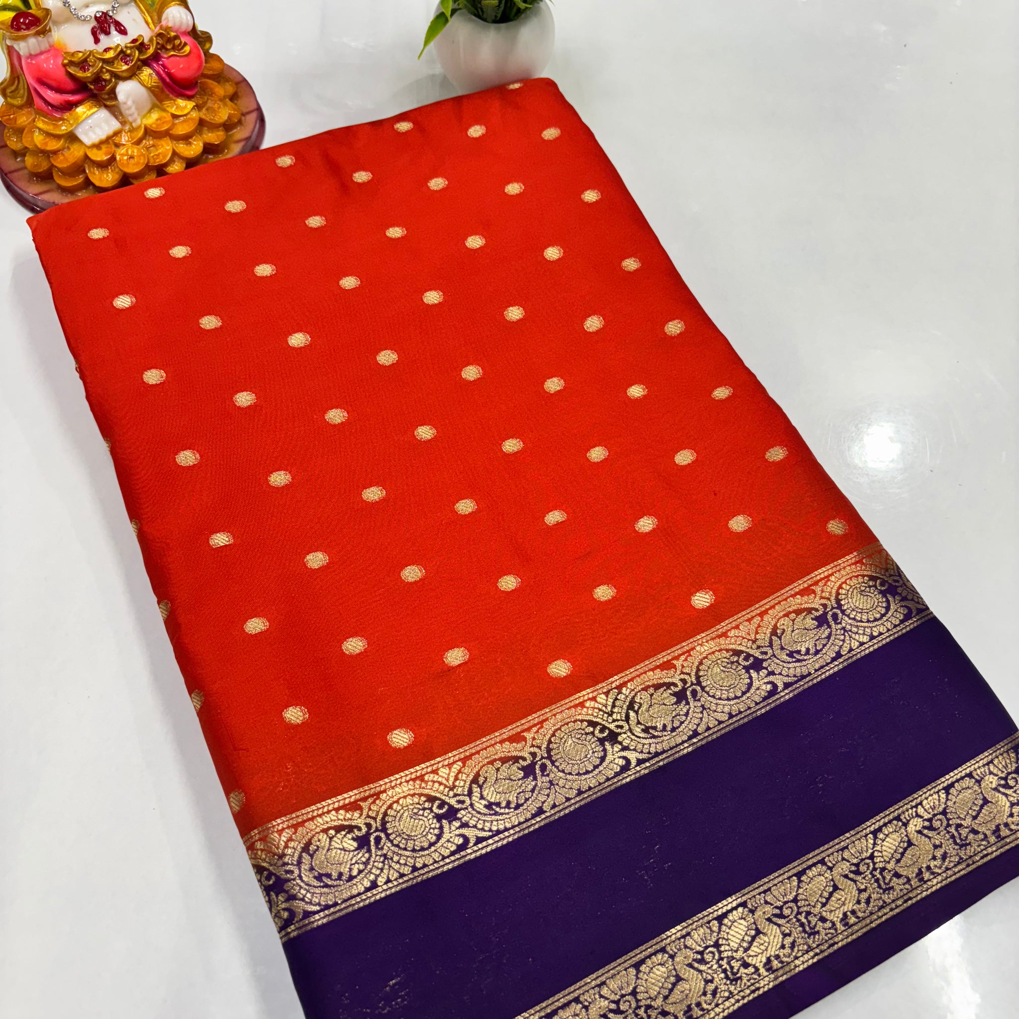 Semi Crepe Saree with Peacock Design in Orange and Purple