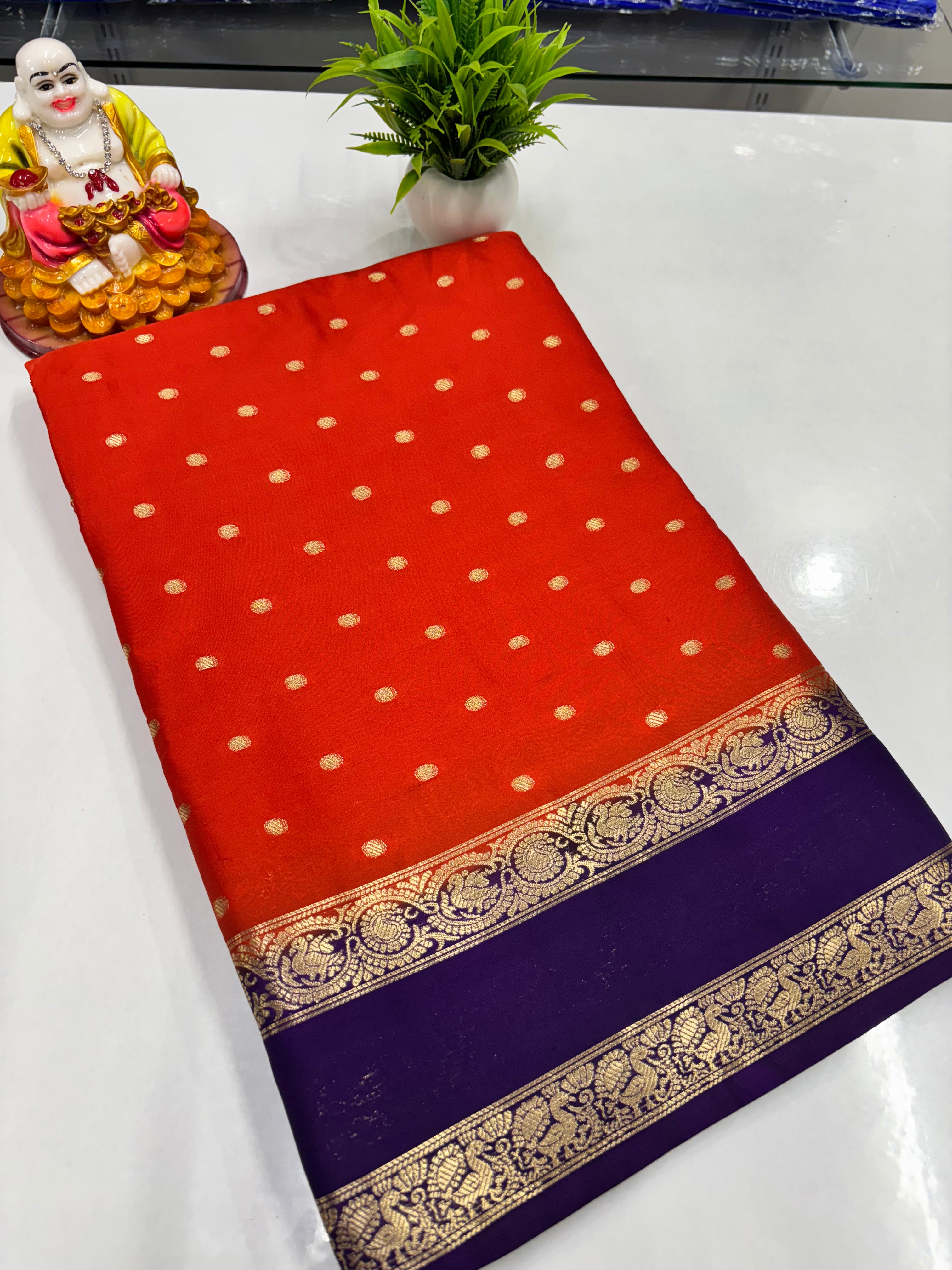 Semi Crepe Saree with Peacock Design in Orange and Purple