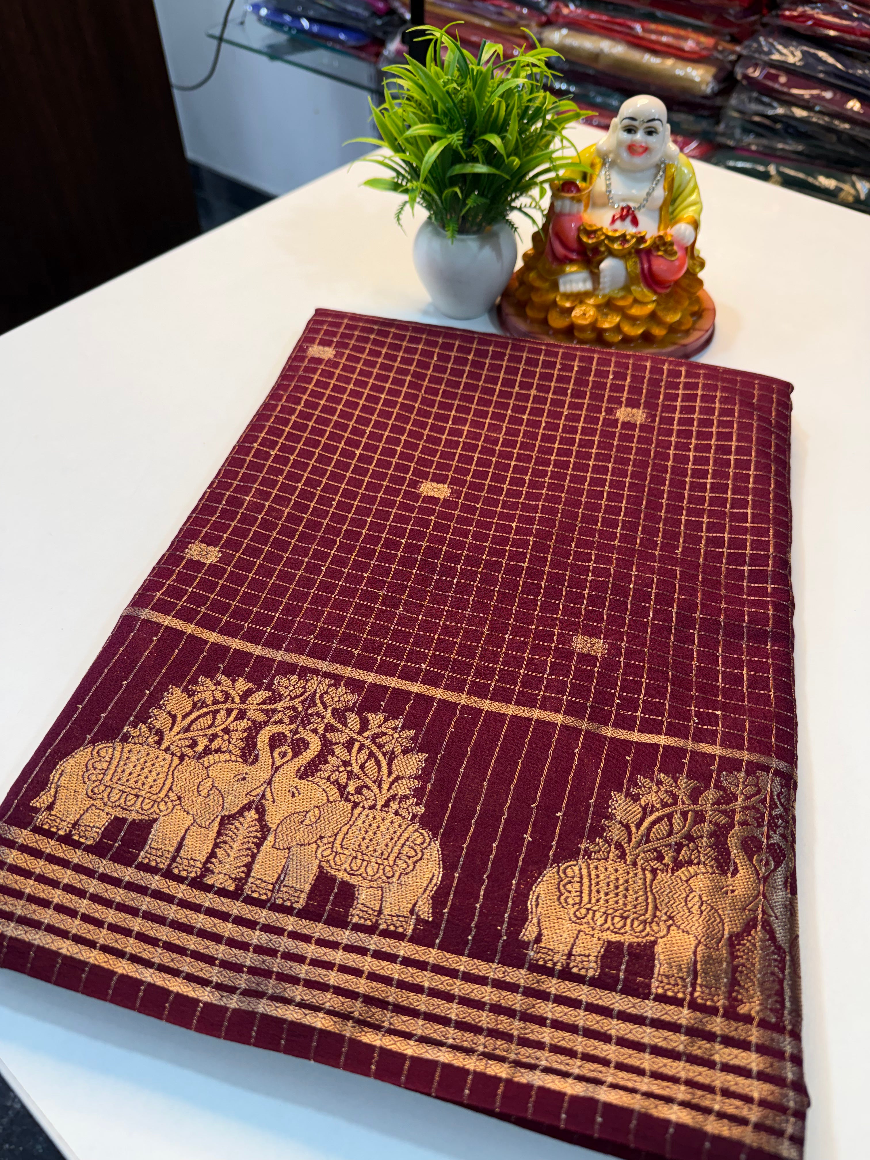 Mysore Crepe Silk Saree with Checks & Buttas | Rich Pallu