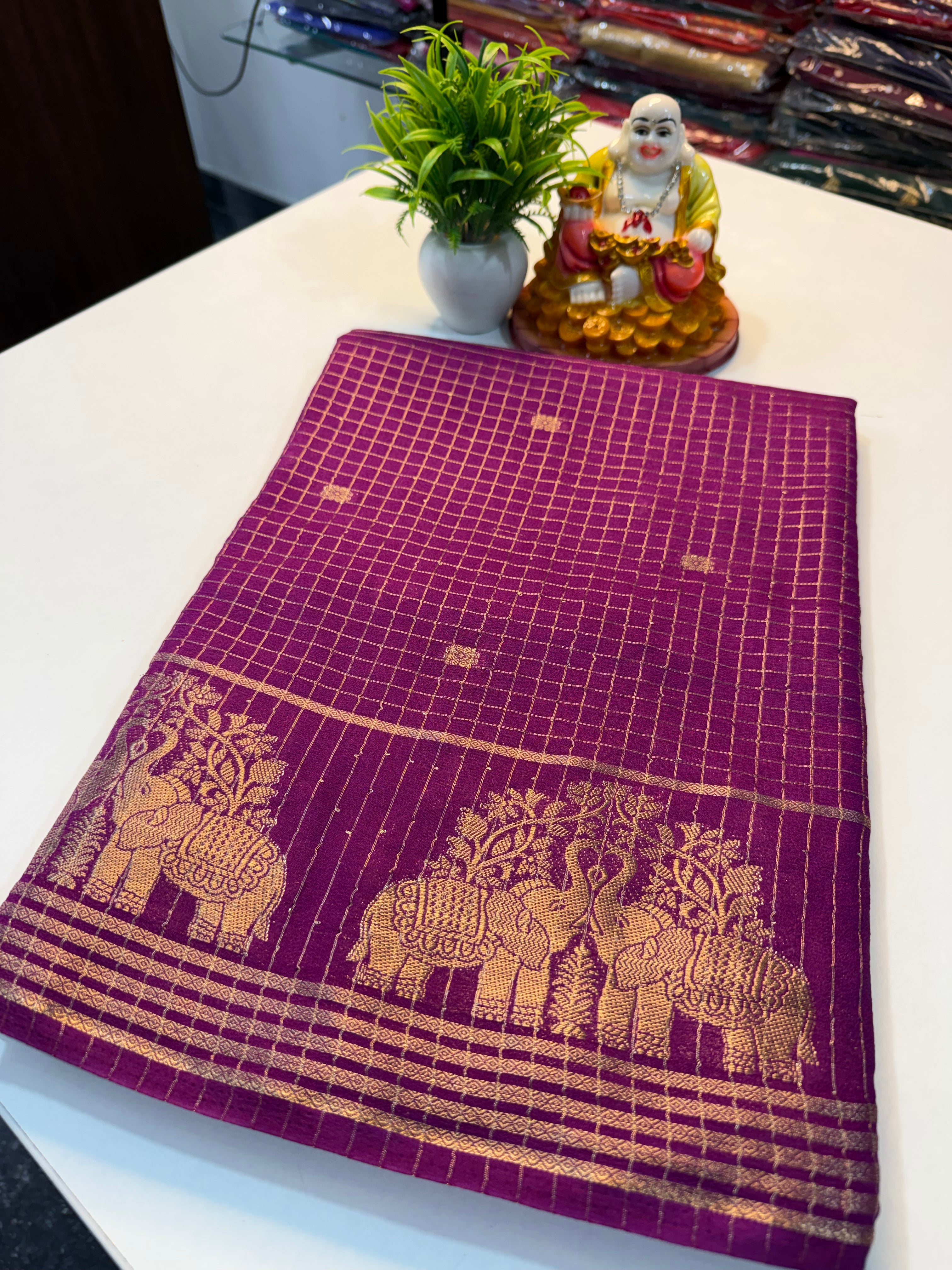 Mysore Crepe Silk Saree with Checks & Buttas | Rich Pallu