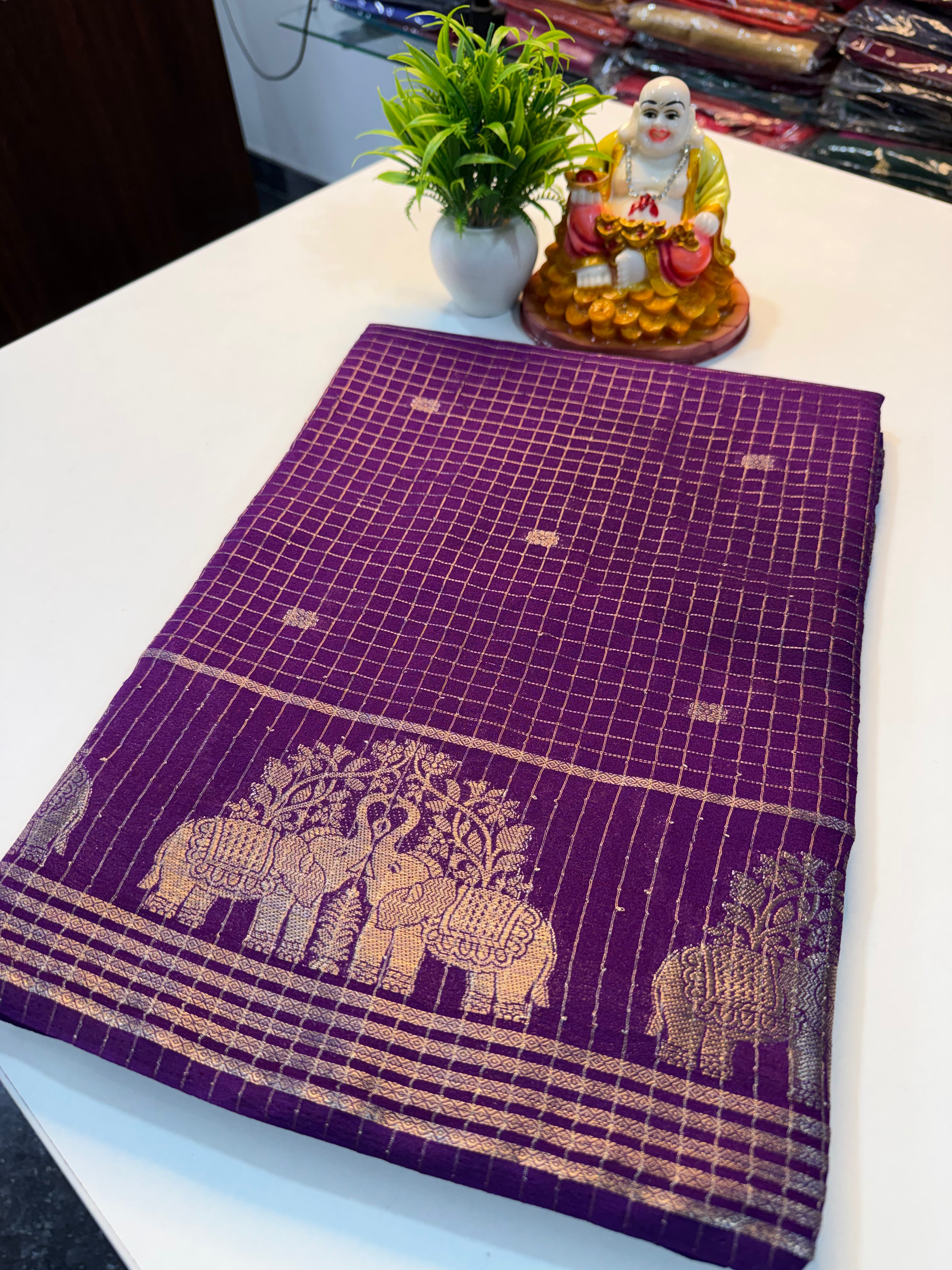 Mysore Crepe Silk Saree with Checks & Buttas | Rich Pallu