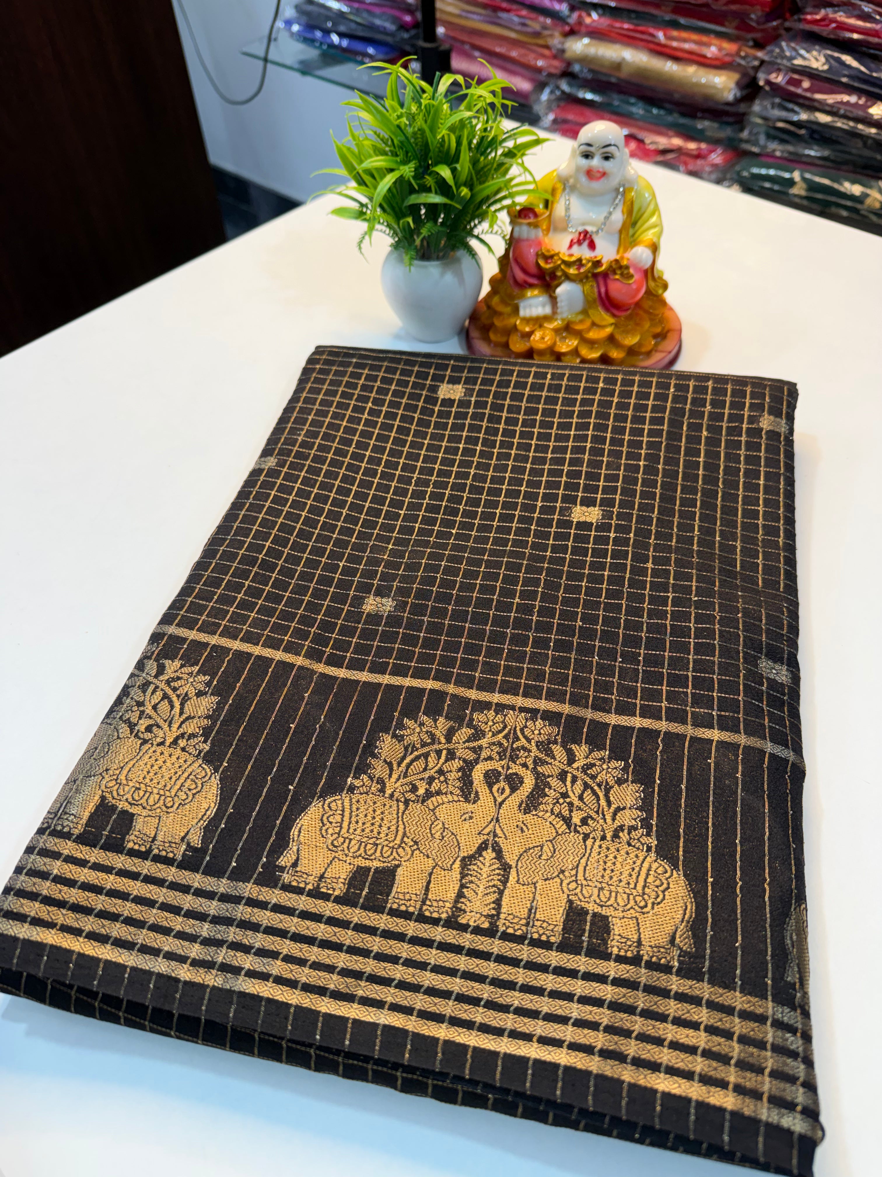 Mysore Crepe Silk Saree with Checks & Buttas | Rich Pallu