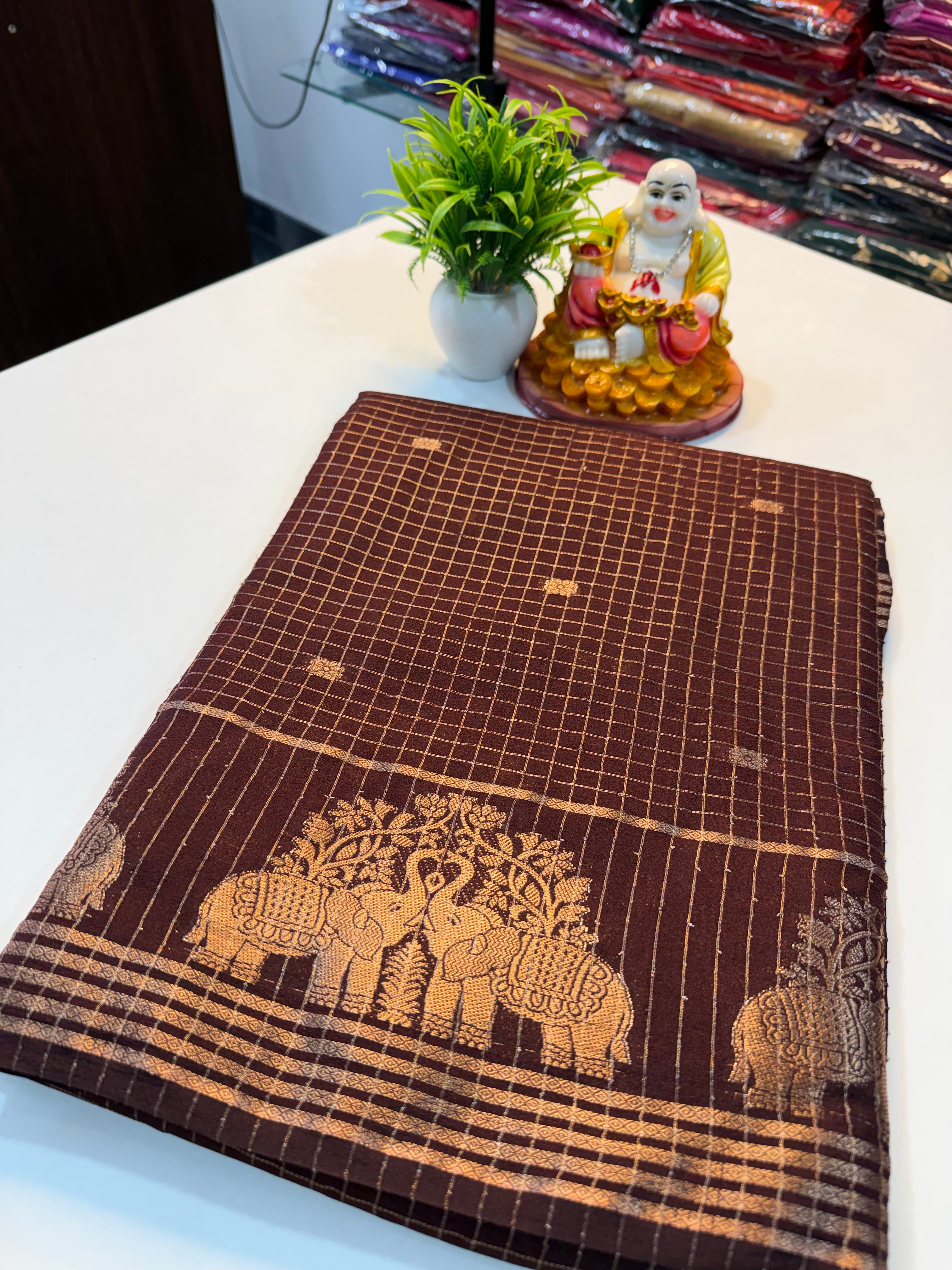 Mysore Crepe Silk Saree with Checks & Buttas | Rich Pallu